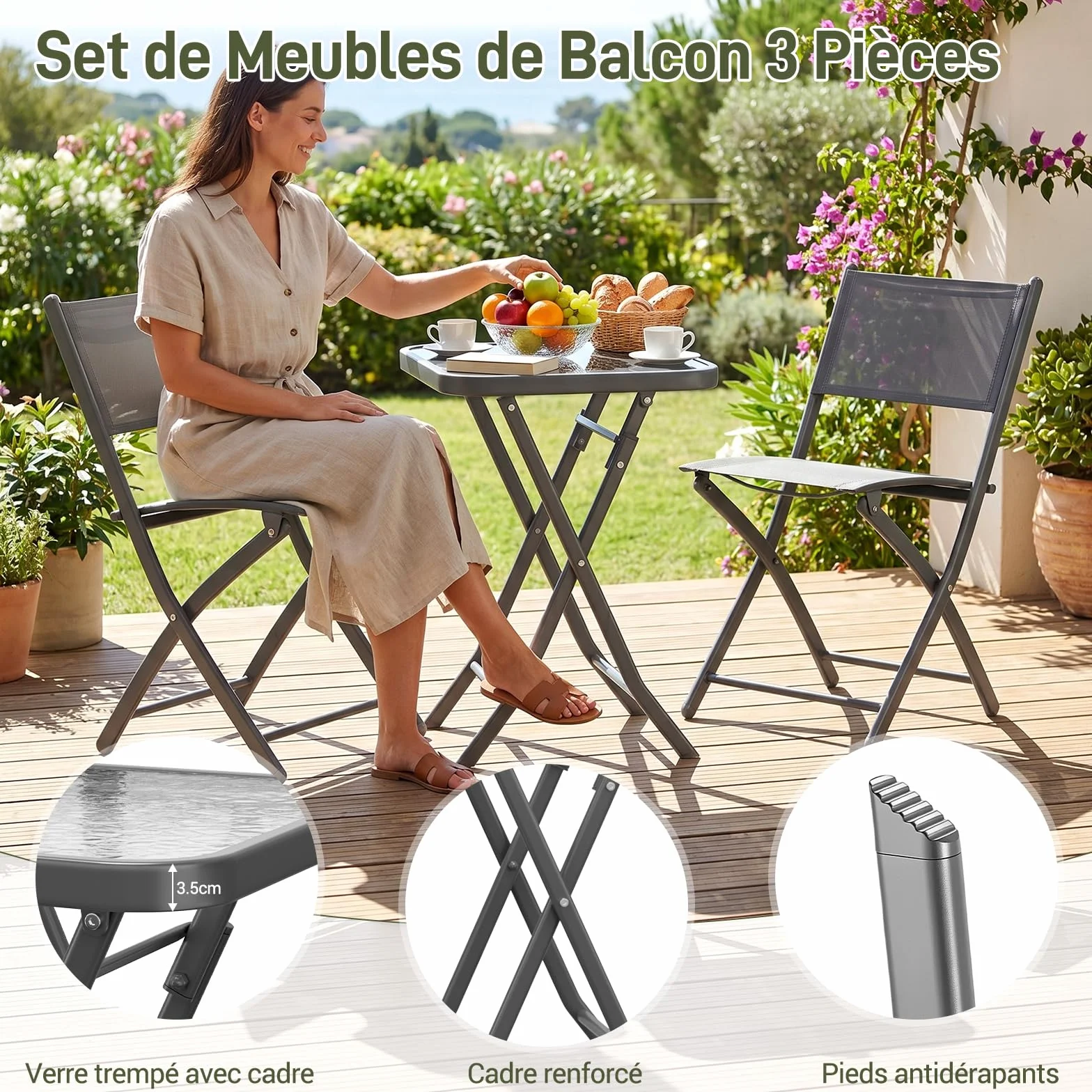 LIFERUN Ensemble Bistrot de Jardin 3 Pièces Pliantes, Table et 2 Chaises, Tissu Textilène, Gris