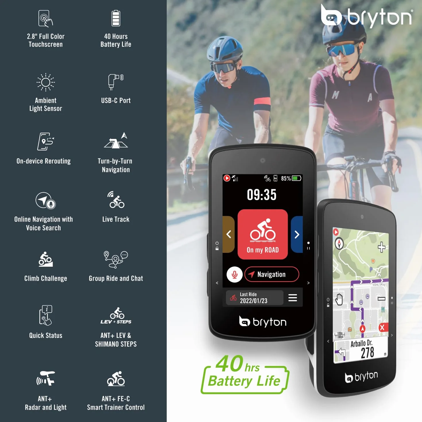 Bryton Rider 750SE Ordinateur de vélo GPS à écran Tactile Couleur LCD 2,8", Carte UE Hors Ligne, Compatible avec Le Radar de vélo, 40 Heures d'autonomie, Navigation avec trajectoire Courbe par Virage