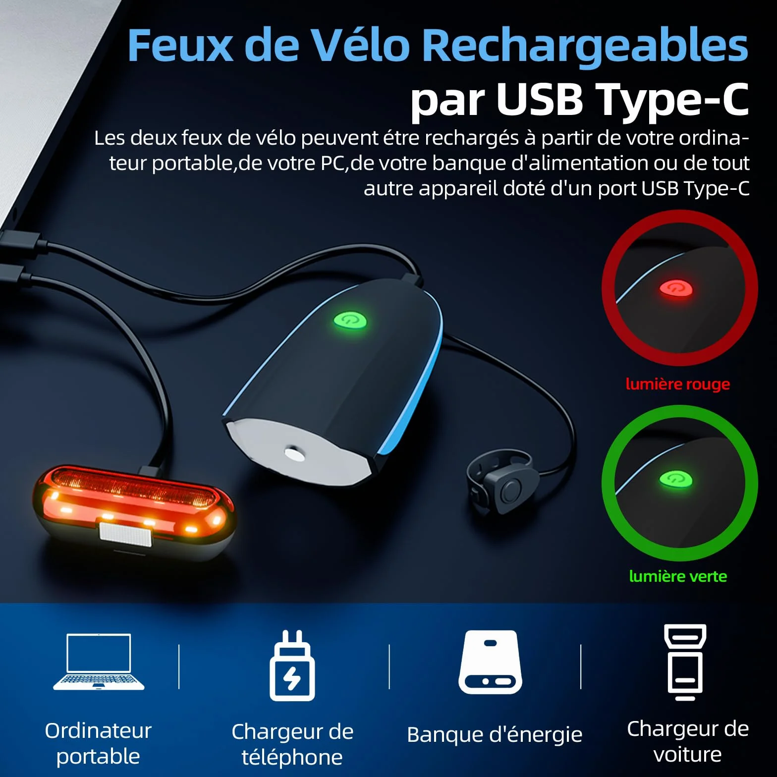 Lumiere Velo Avant et Arriere, Lampe Velo Rechargeable Type C, 3 Modes Phare Velo, 5 Modes Feu Arriere Velo, Lumière Velo Convient Tous Vélos & Conditions de Cyclisme