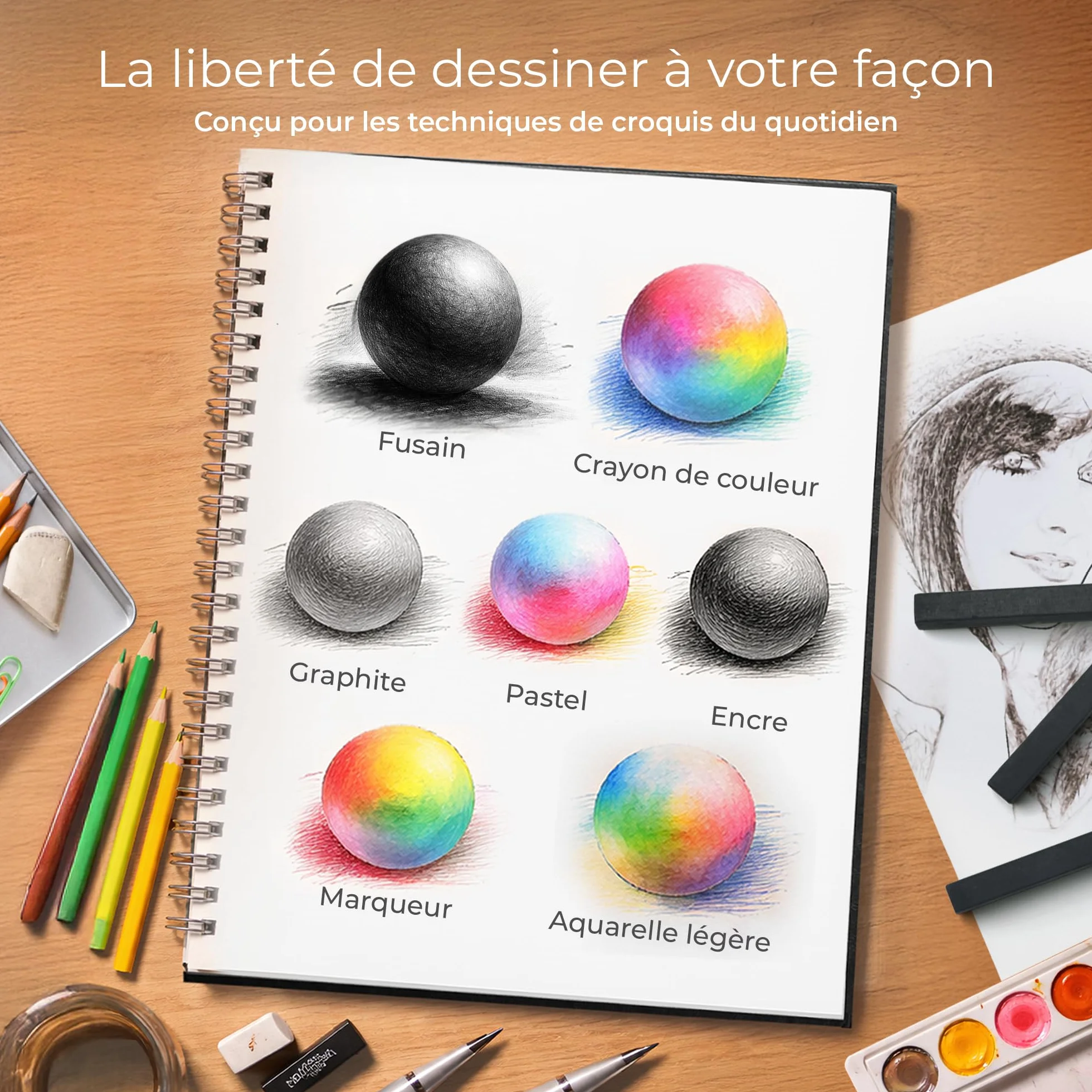 Carnet de Croquis A4 200 g/m² 100 Pages Spirale Couverture Rigide pour Crayon Fusain Graphite Pastel