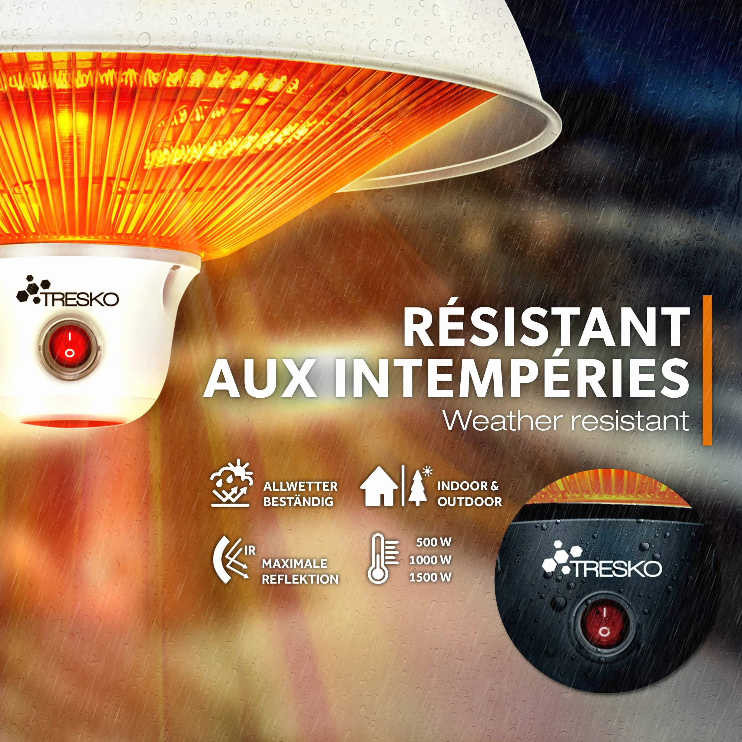 TRESKO Radiateur Infrarouge Plafond 1500W avec Télécommande et Affichage LED 3 Niveaux de Chaleur Blanc