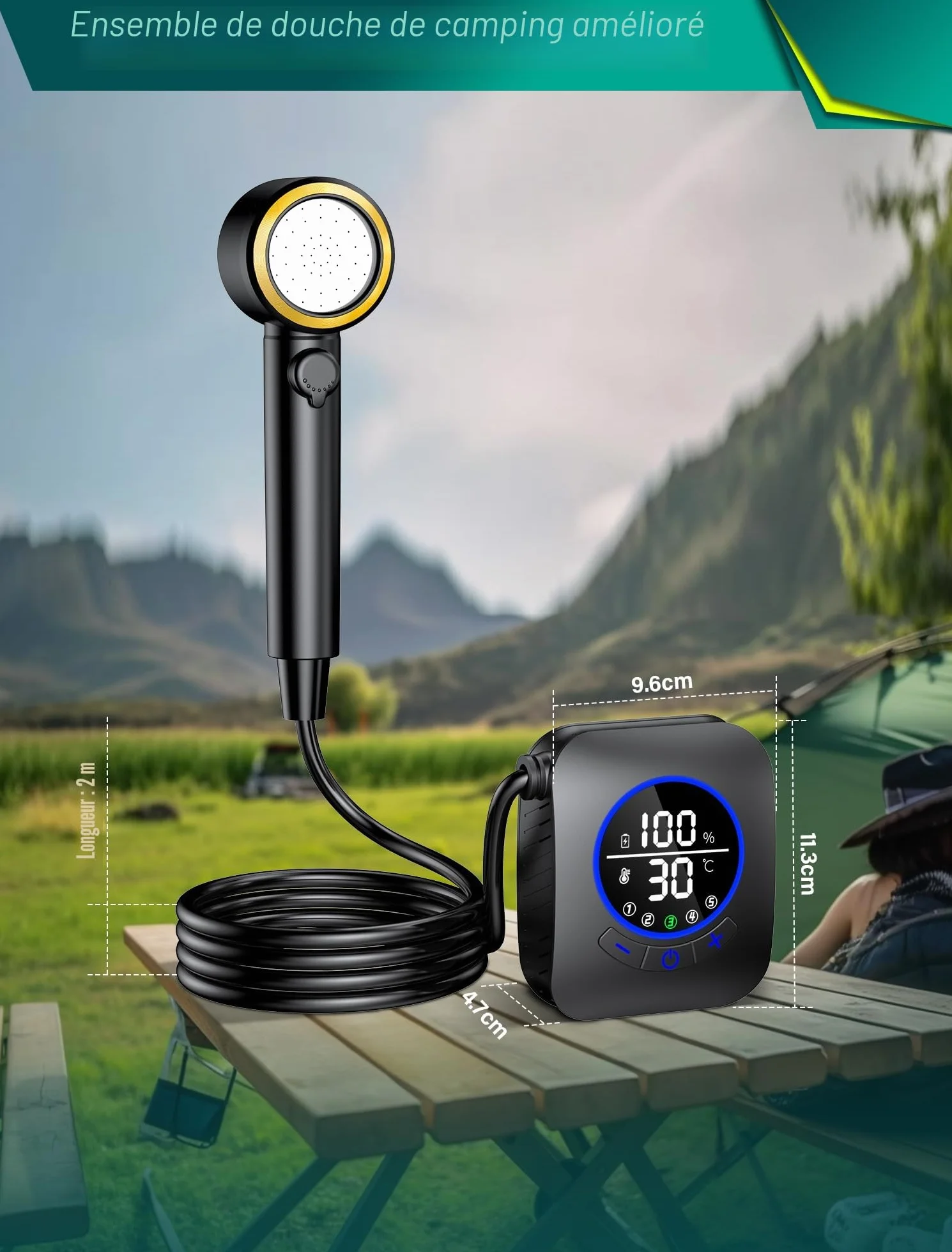 Rsaoty Portable Camping Douche, Douche de Camping Rechargeable avec 8000mAh Batterie, Douche avec Pompe, Tuyau de Douche de 2m, pour randonnée, Camping,Plage, Voyage