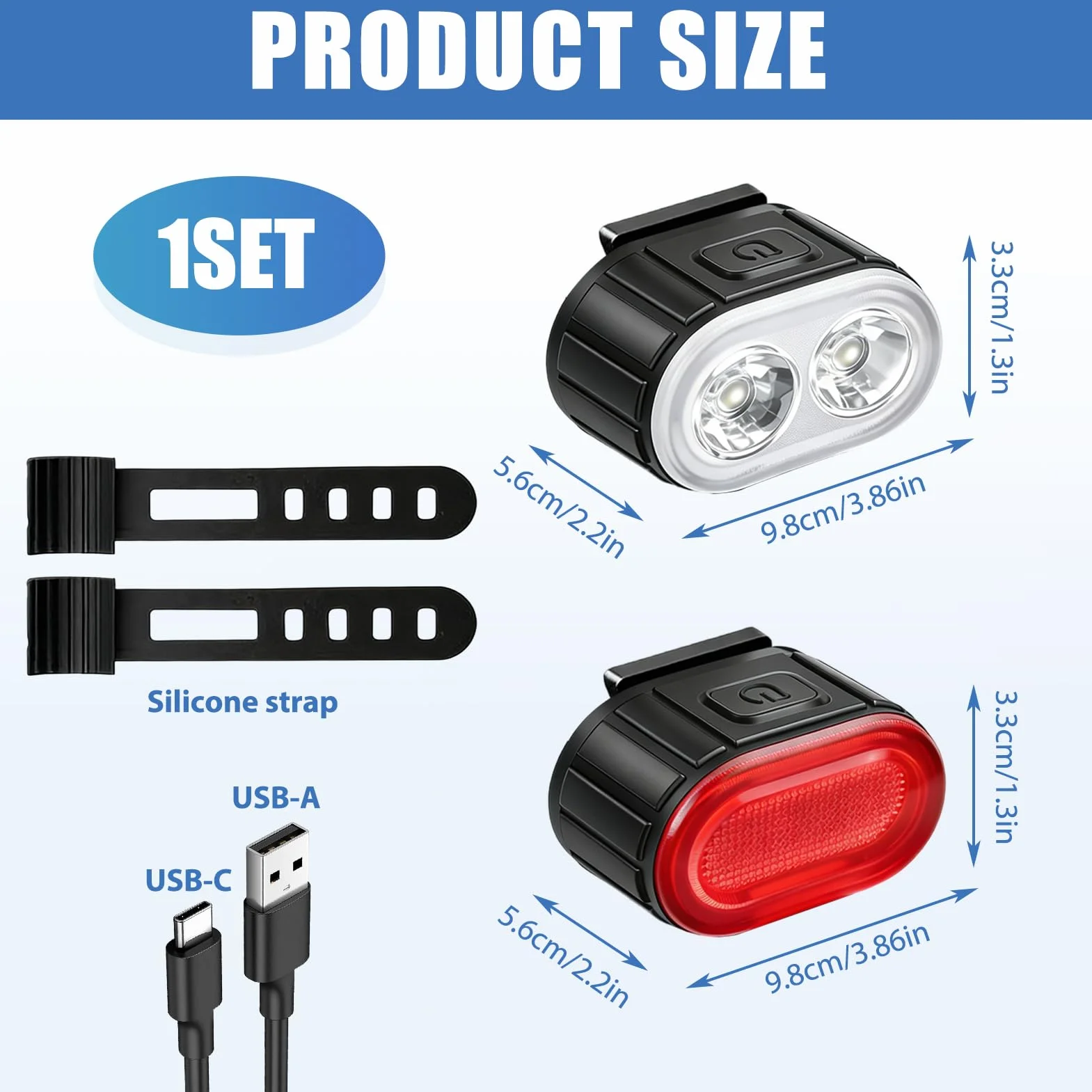 Kit Éclairage Vélo Avant et Arrière Rechargeable USB-C – Lampe Vélo LED Puissante IP65 Étanche – 4+6 Modes de Luminosité pour VTT, Route, Ville et Trottinette Électrique – Lot de 2