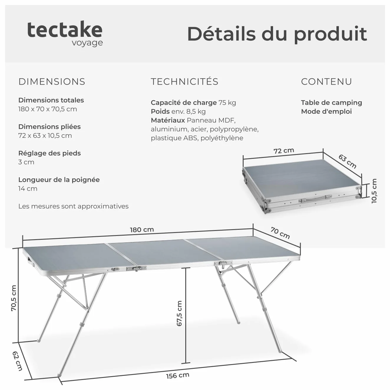 Tectake Table Pliante de Pique Nique Camping Aluminium INOX 180x70x70cm Réglable en Hauteur