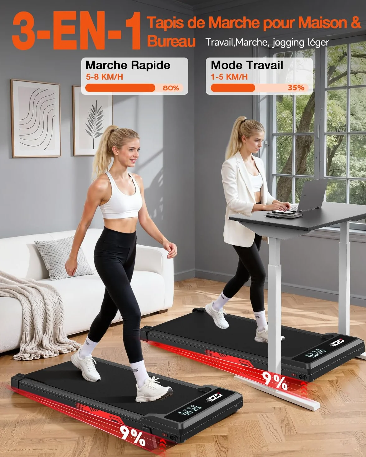 Tapis de Course et de Marche 3 en 1 avec Pente 9%, Tapis Roulant Walking Pad Pliable 1-10 km/h, Moteur sans Balais Silencieux 3,0 HP, 140 kg, LED, Amorti