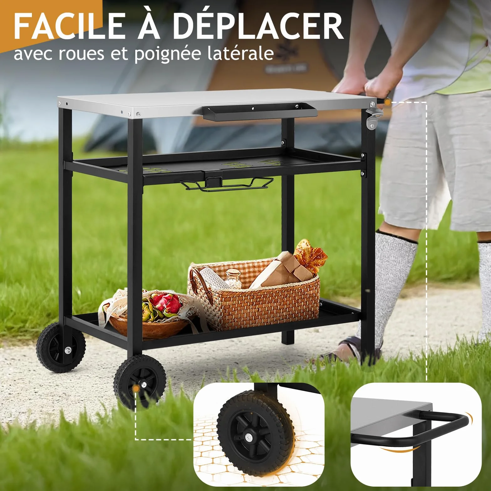 Desserte à roulettes Chariot de Barbecue Mobile 3 Niveaux 97x51x83 cm Acier Inoxydable