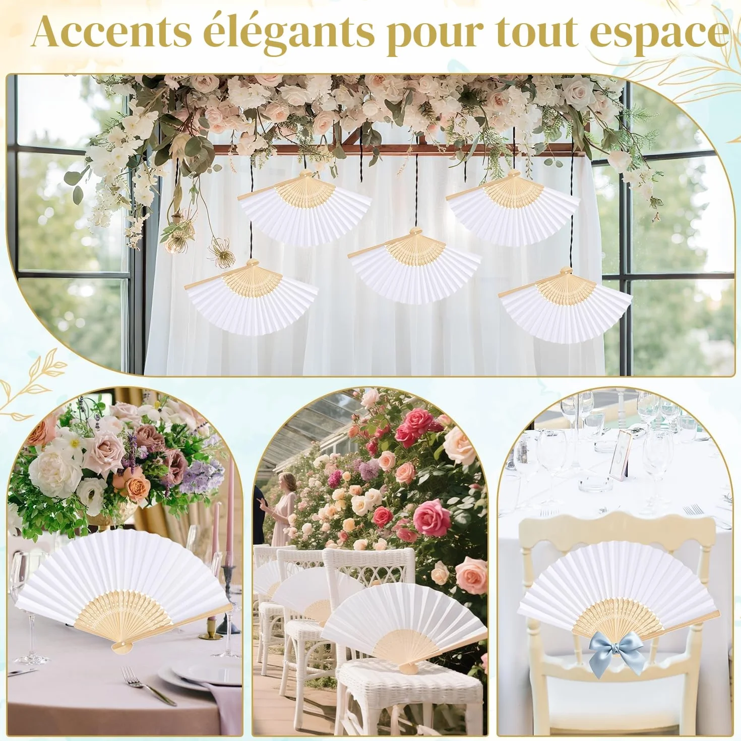 Eventail Mariage Pliant Ventilateur Bois Papier Blanc Japonais Poche Pliante Demoiselles Cadeaux Danse fête décoration DIY 12 pcs