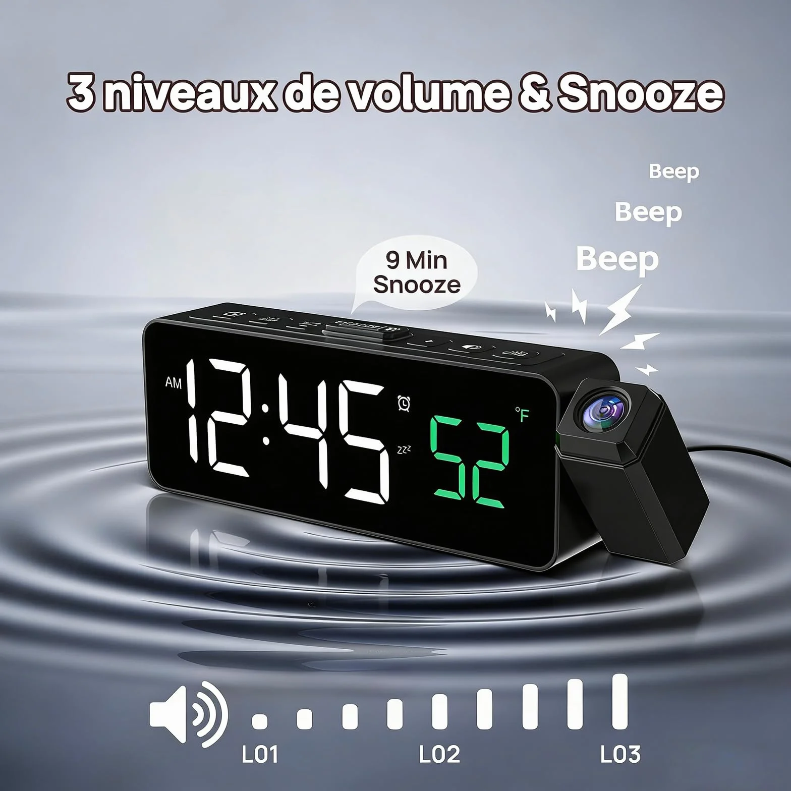 Réveil numérique avec projecteur 180°, température, écran LED, 4 niveaux luminosité, snooze 9 min, 12/24H, Blanc
