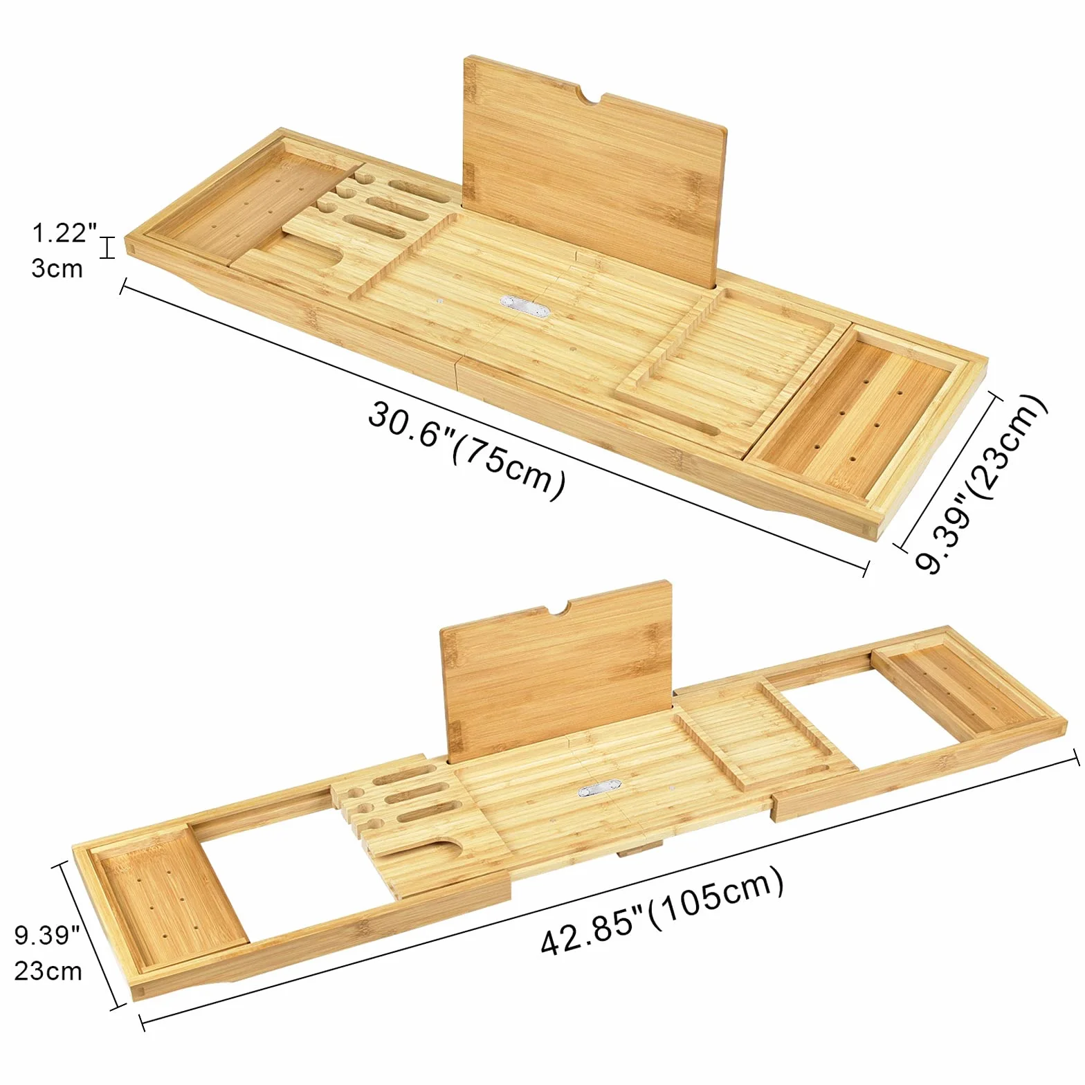 Plateau de Baignoire Bambou Pliable Pont Tablette avec Support Verre Vin iPad 75-105 x 23 x 3 cm
