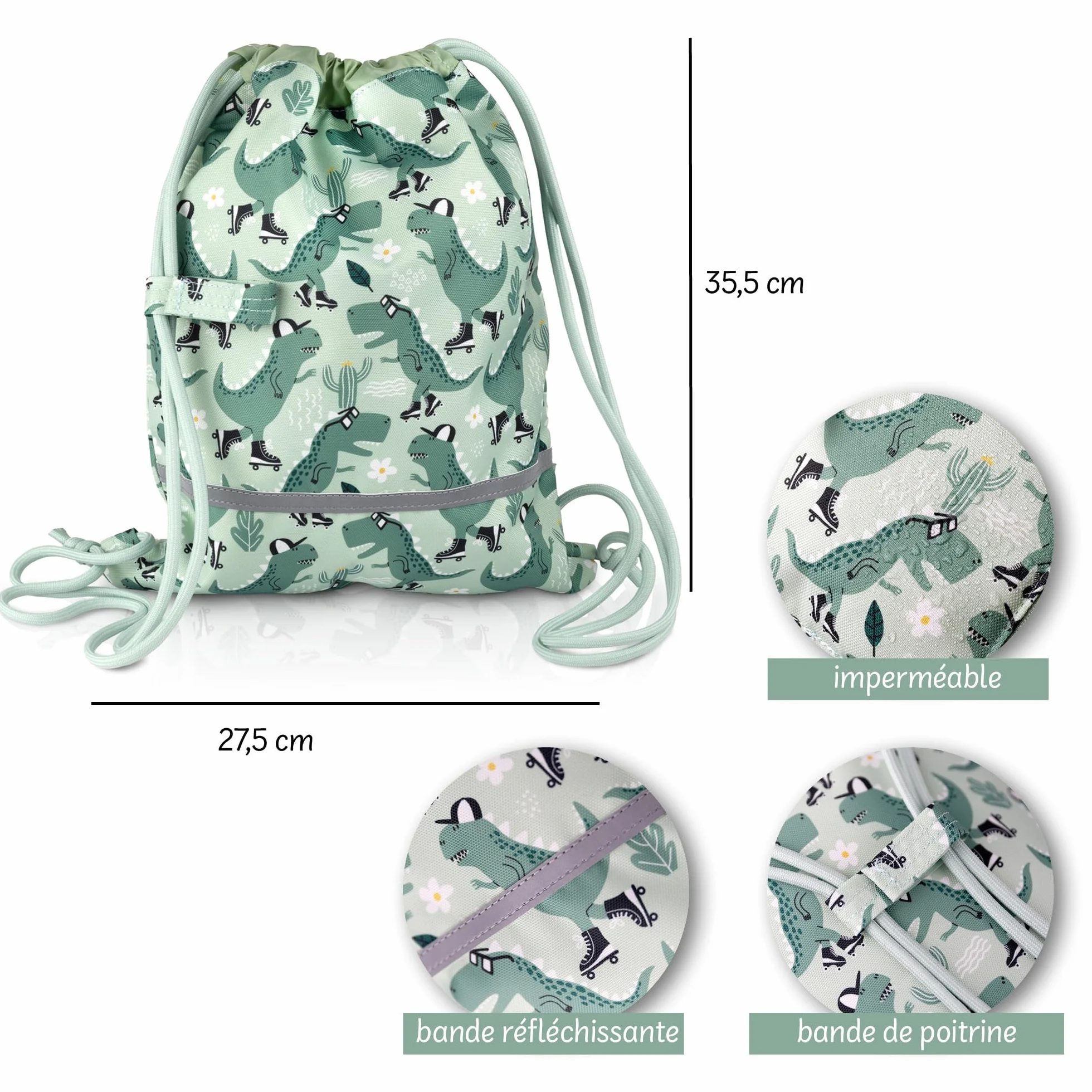 Sac de gym enfant maternelle en polyester recyclé – imperméable, sans PFC, avec réflecteurs et sangle poitrine
