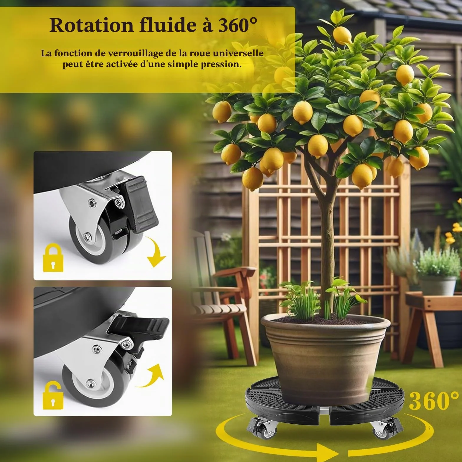 Porte Plante à Roulettes Réglable Ø38-59cm, Chariot pour Plantes d'Extérieur Capacité 200 kg, Support Plante Noir avec Roues 360°