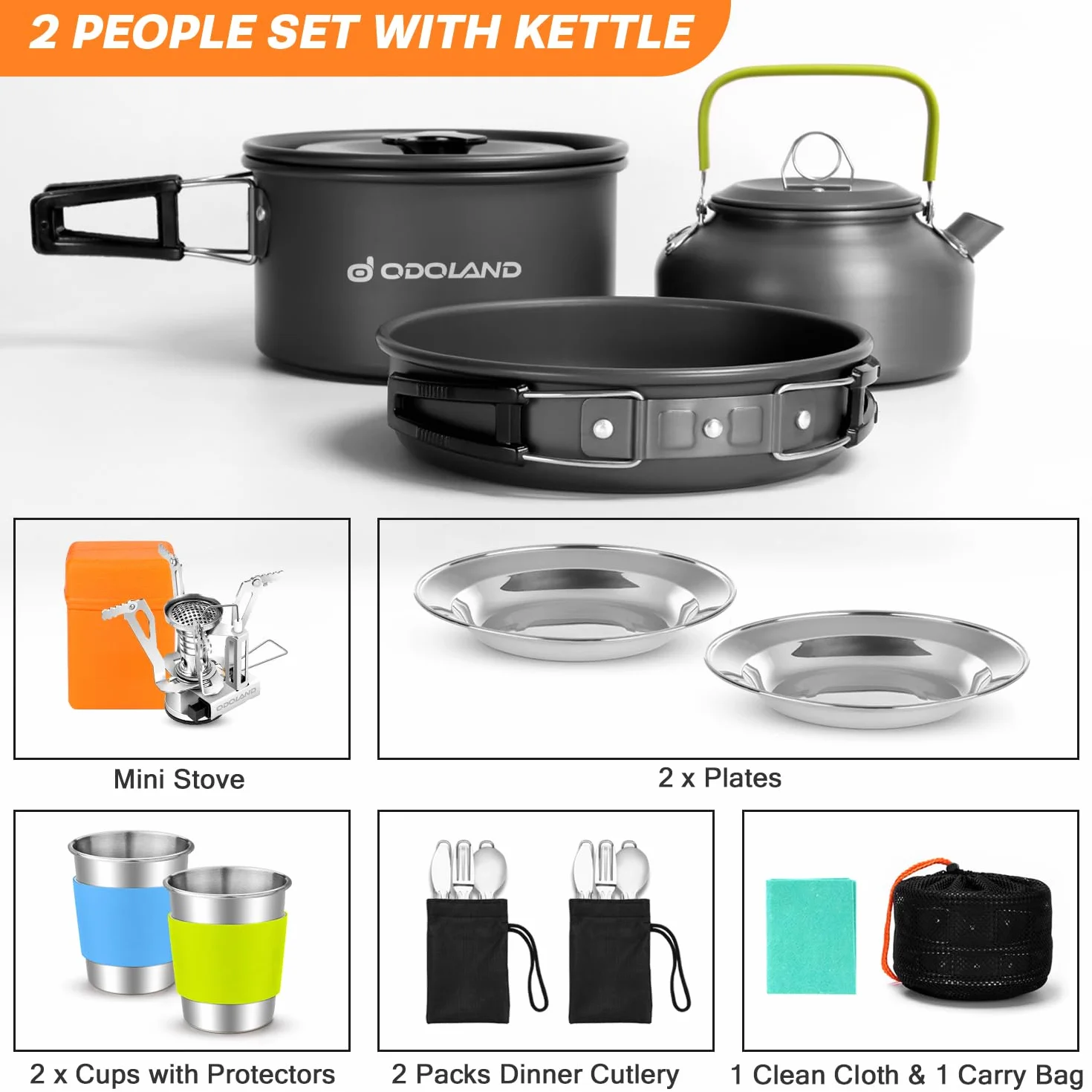 Odoland Multi-PCS Kit de Casseroles Camping, Cookware Kit en Alliage d'Alu, Légère, Durable et Compact avec Réchaud de Camping, Bouilloire, Tasse pour Pêche/Survie/Randonnée/Outdoor/Pique-Nique