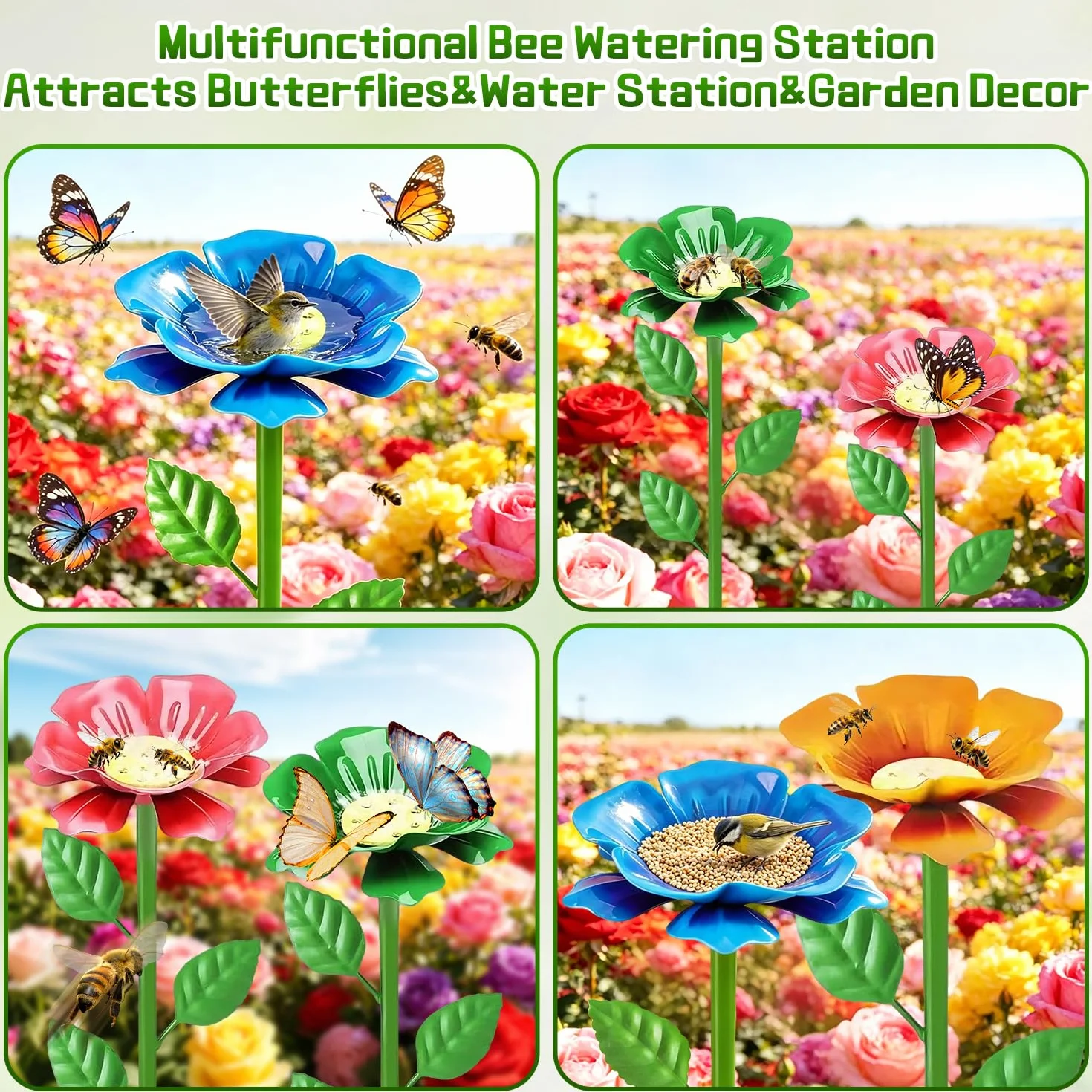Lot de 4 Abreuvoir à Abeilles Métal – Abreuvoir à Insectes Hauteur Réglable, Station d'eau Design Fleur pour Jardin, 63cm