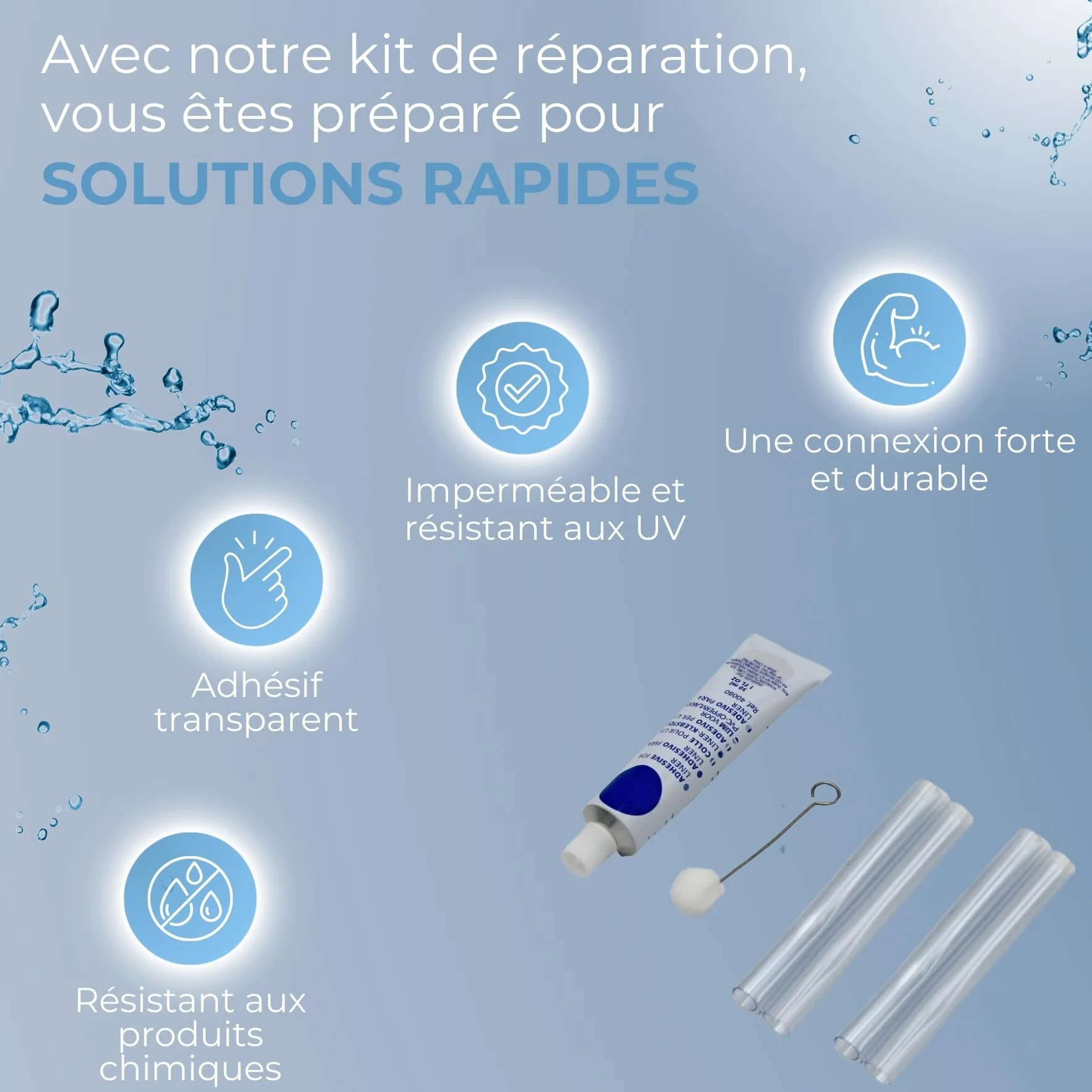 Kit de Réparation Piscine sous l'eau, Colle & 2 Rustines 20 x 9,5 cm, Réparation Gonflables PVC & Liners