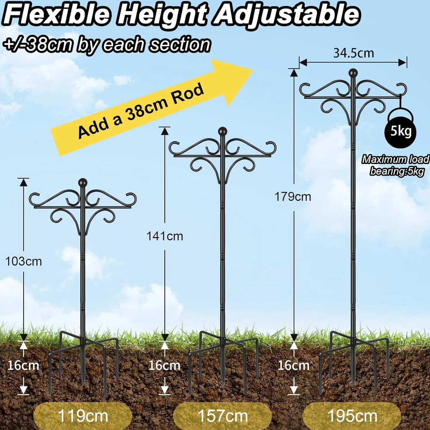 Support Mangeoire à Oiseaux sur Pied 195 cm Réglable 2 Crochets Double Autoportant Jardin Métal Noir