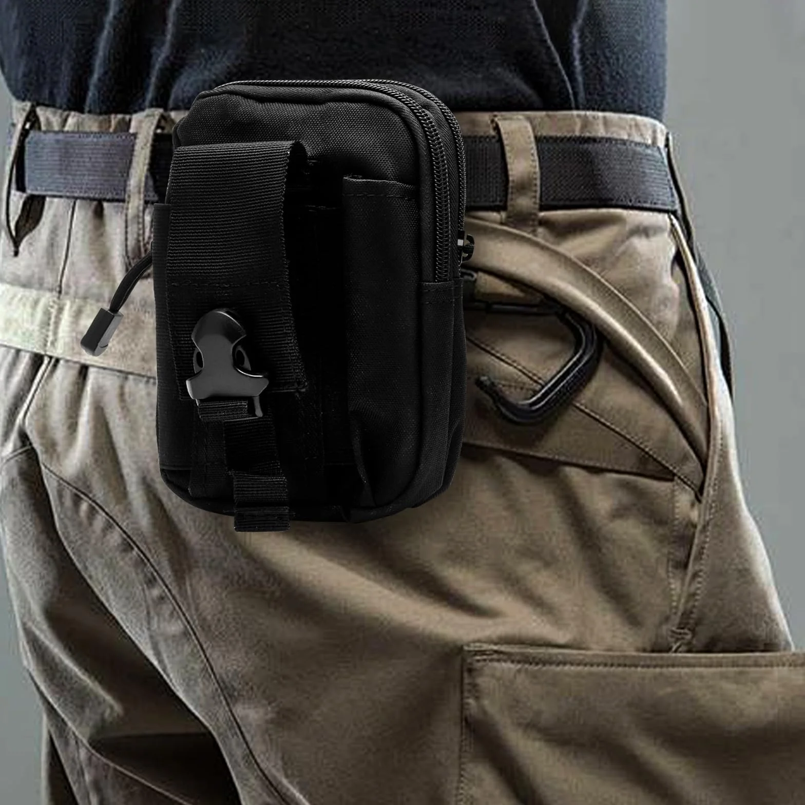Sacoche Ceinture Tactique Homme avec 1 Mousqueton, Sacoche Ceinture Militaire Noire en Nylon Imperméable, Pochette Ceintures Tactique Étanche pour Outdoor, Travail, Voyage, Randonnée, Vélo