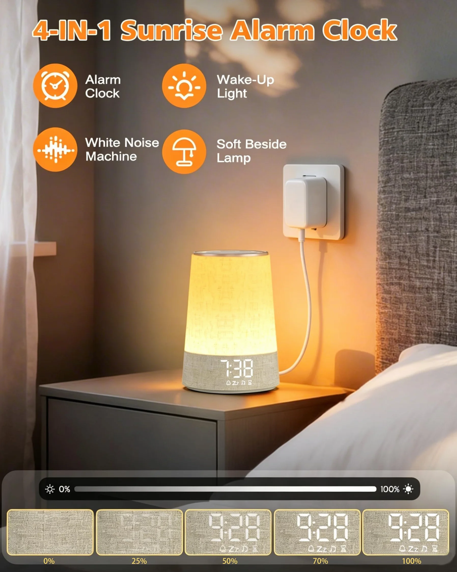 Réveil Lumineux Simulateur d'Aube, Lampe de Réveil LED 7 Sonneries 30 Sons Naturels, Snooze, Minuteur, 10 Niveaux Luminosité