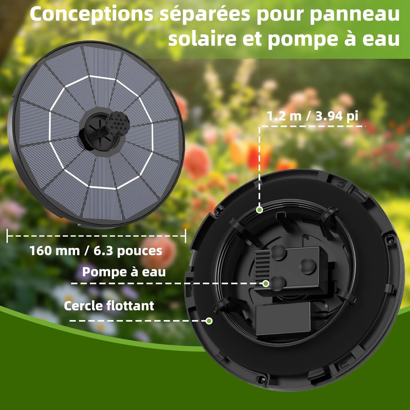 Fontaine Solaire Exterieure de Jardin 2,8W 2 en 1 avec Panneau Solaire Amovible Support Fixe 6 Buses