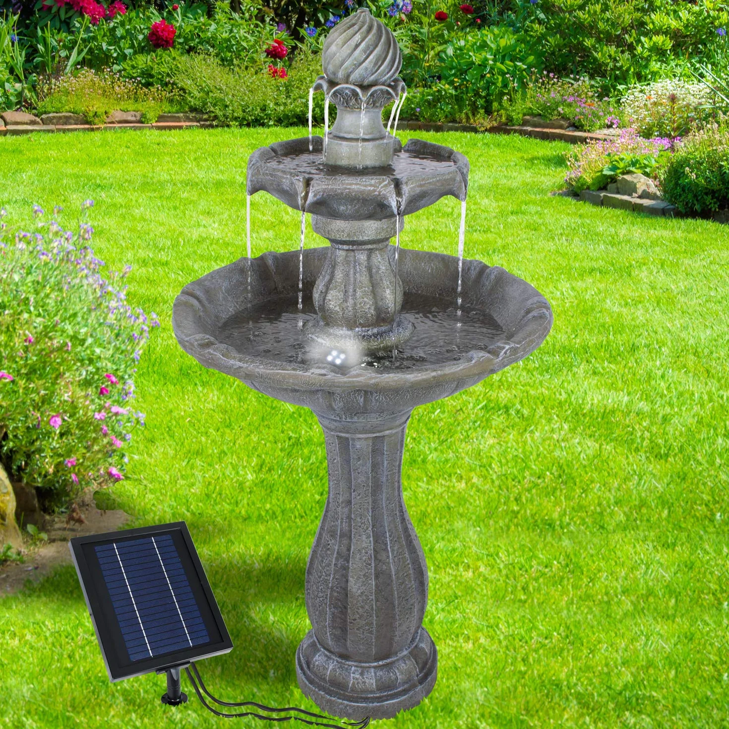 Fontaine De Jardin Solaire 113cm avec Batterie Li-ION et Lumières LED Pompe pour Jardin