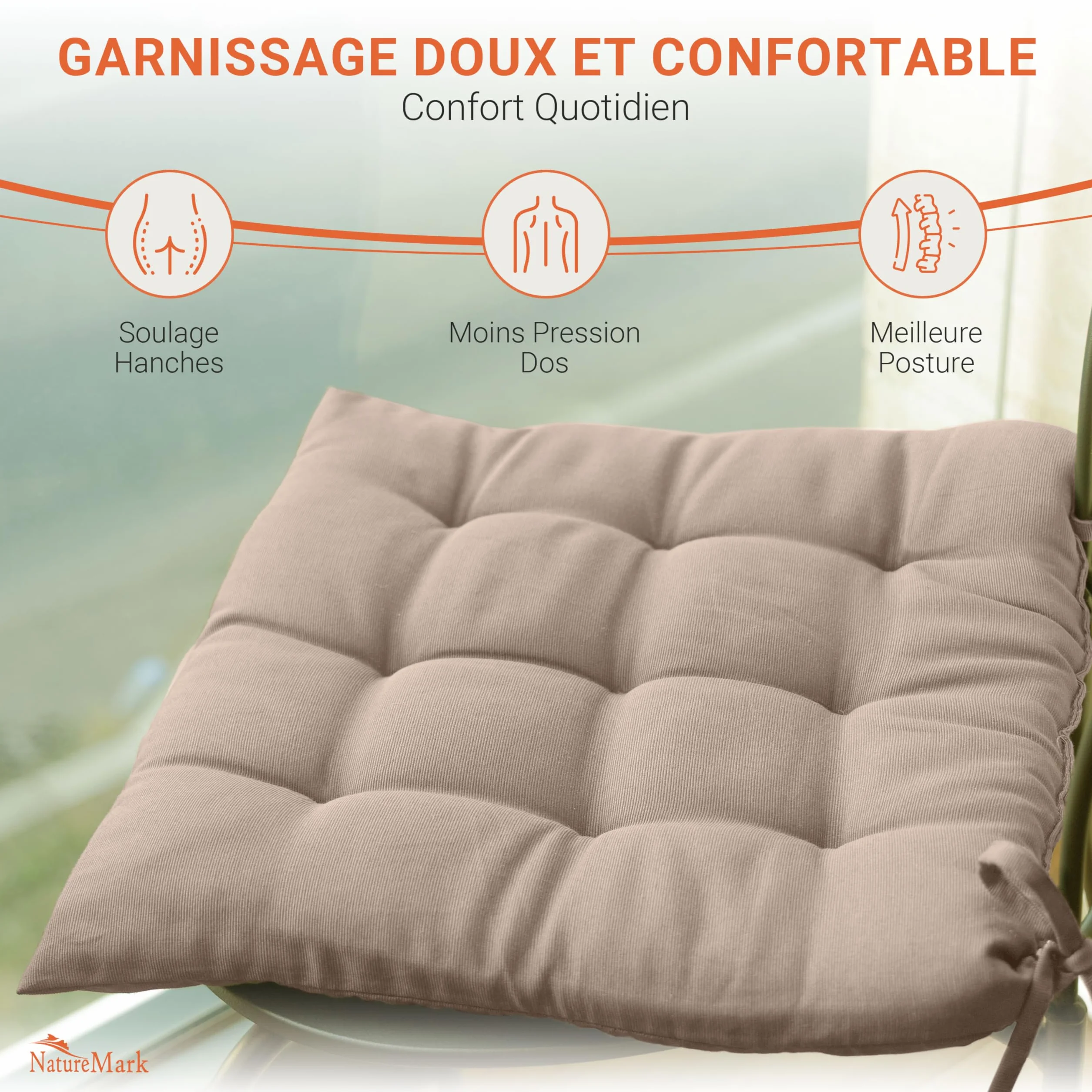 NatureMark Lot de 4 Galettes de Chaises 40x40 cm Coussin de Chaise Épais Sable/Beige