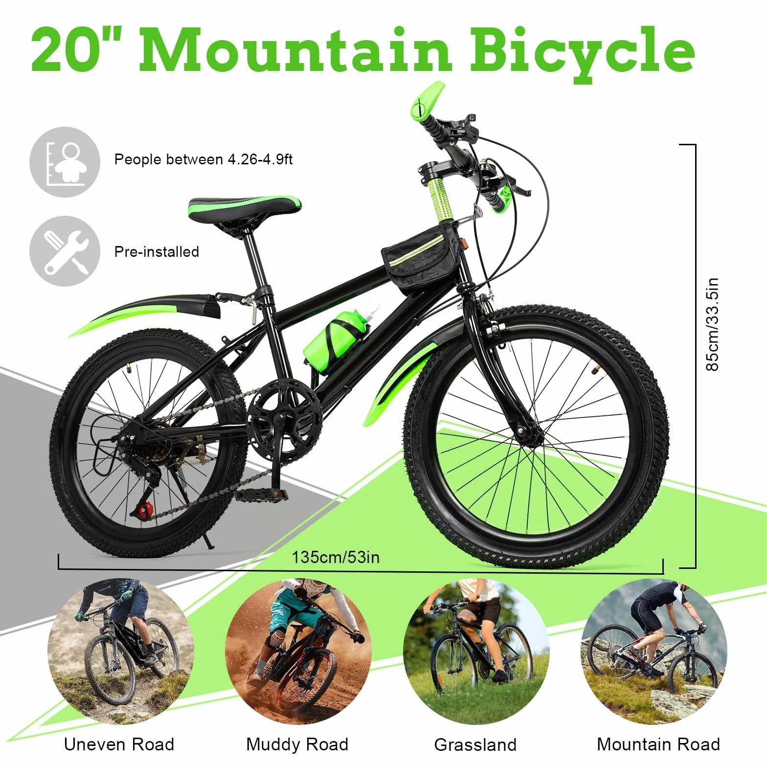 MccoMMon Vélo de ville 20 pouces pour enfant avec double frein à disque, vitesse réglable, en acier au carbone, 130-150 cm pour enfants