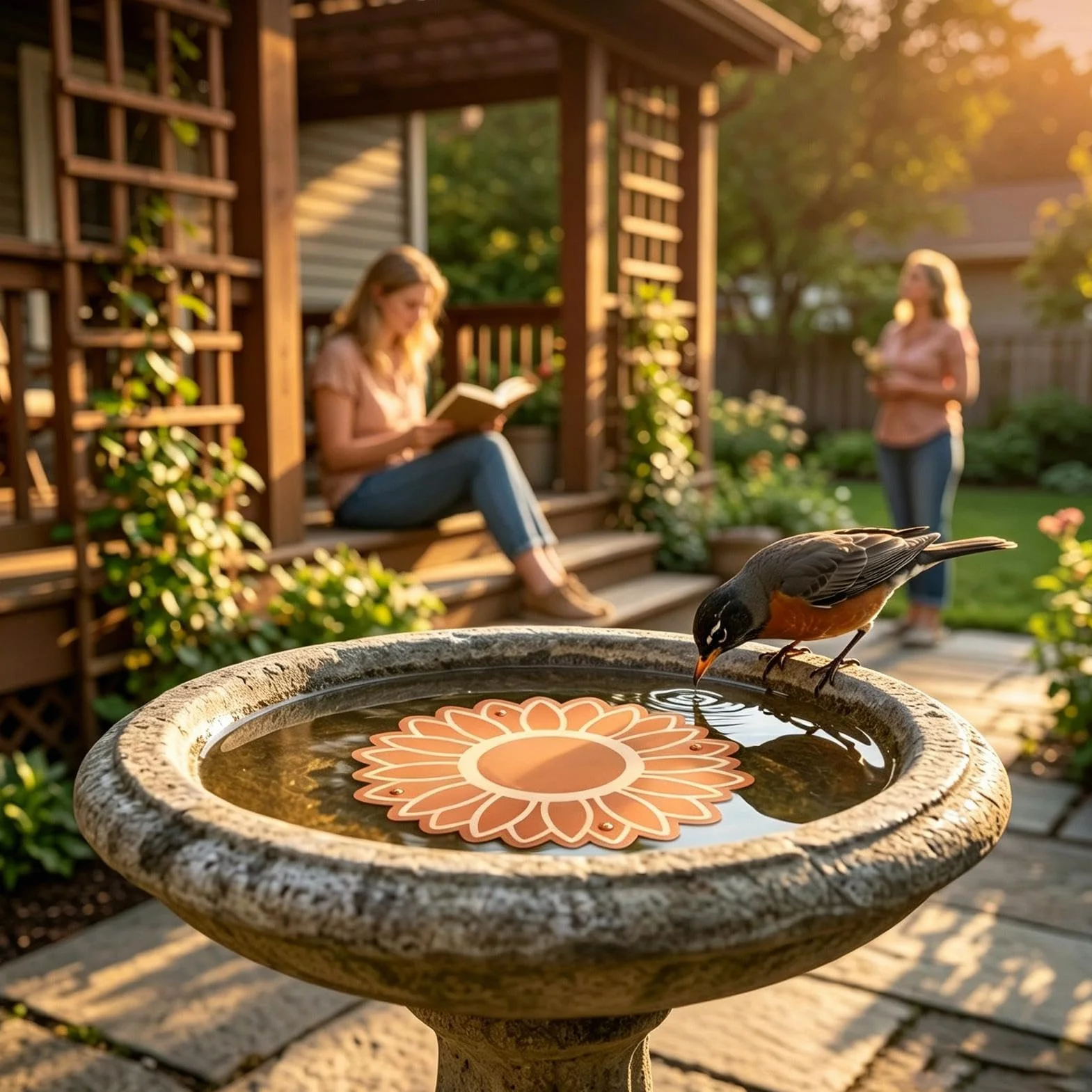 Bain d'oiseaux en cuivre universel avec disque de sécurité et plaques de nettoyage pour jardin, parc, balcon