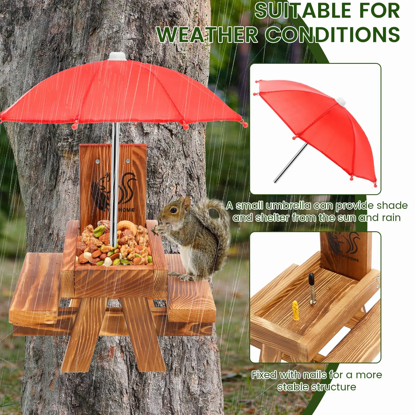 Mangeoire à écureuil en Bois avec Parapluie, Table de Pique-Nique Extérieur Solide