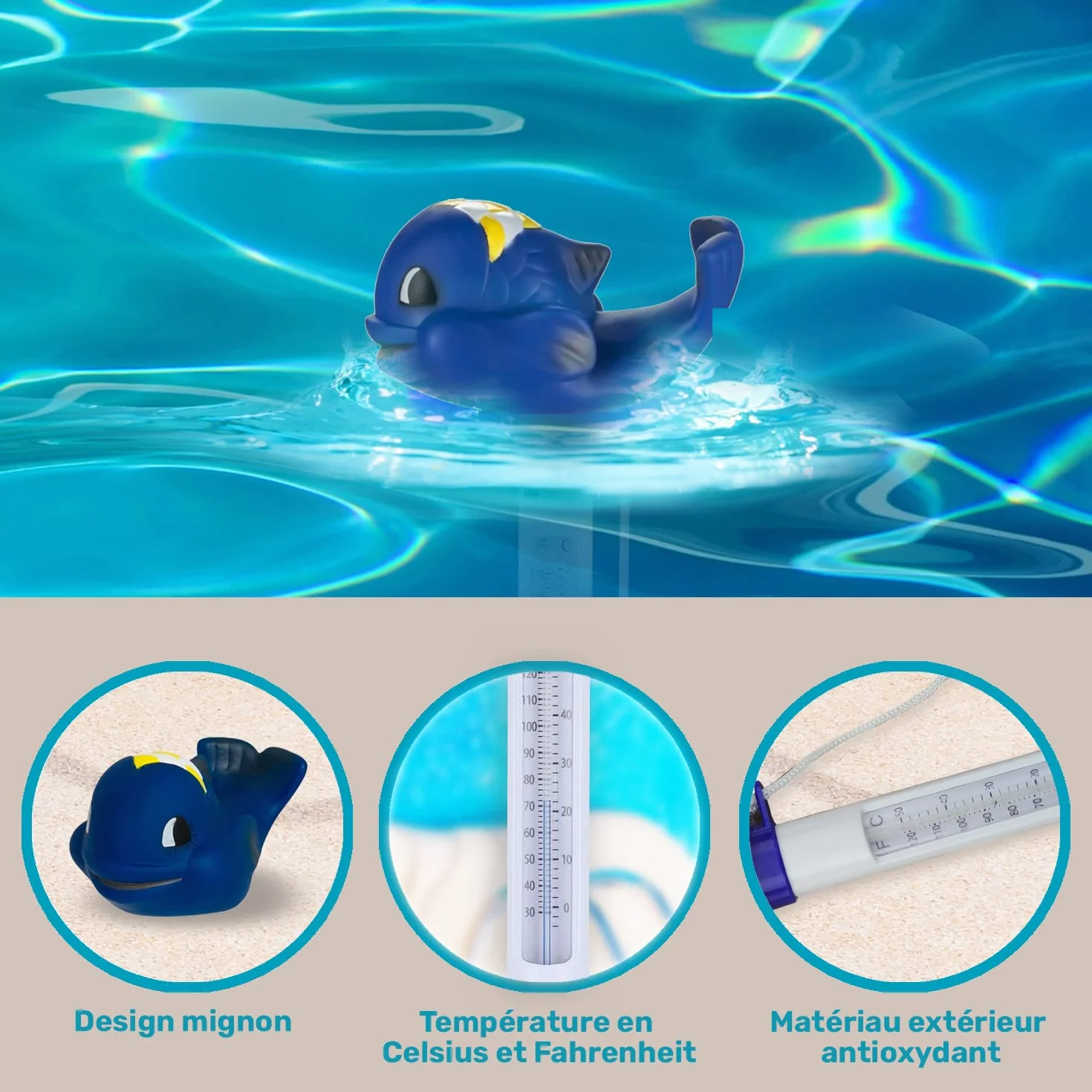 Thermomètre Piscine Flottante BALEINE Résistant Chocs Eau Intérieur Extérieur Spa