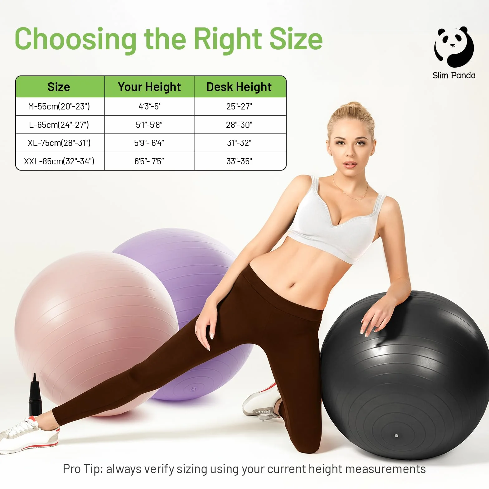 Ballon Pilates Slim Panda 55-85cm Anti-Slip Ballon de Gymnastique avec Paille de Gonflage
