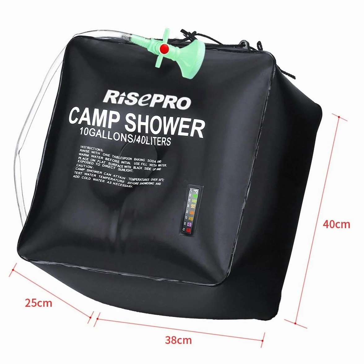 Sac de douche solaire 40 litres camping, température 45 °C randonnée, escalade