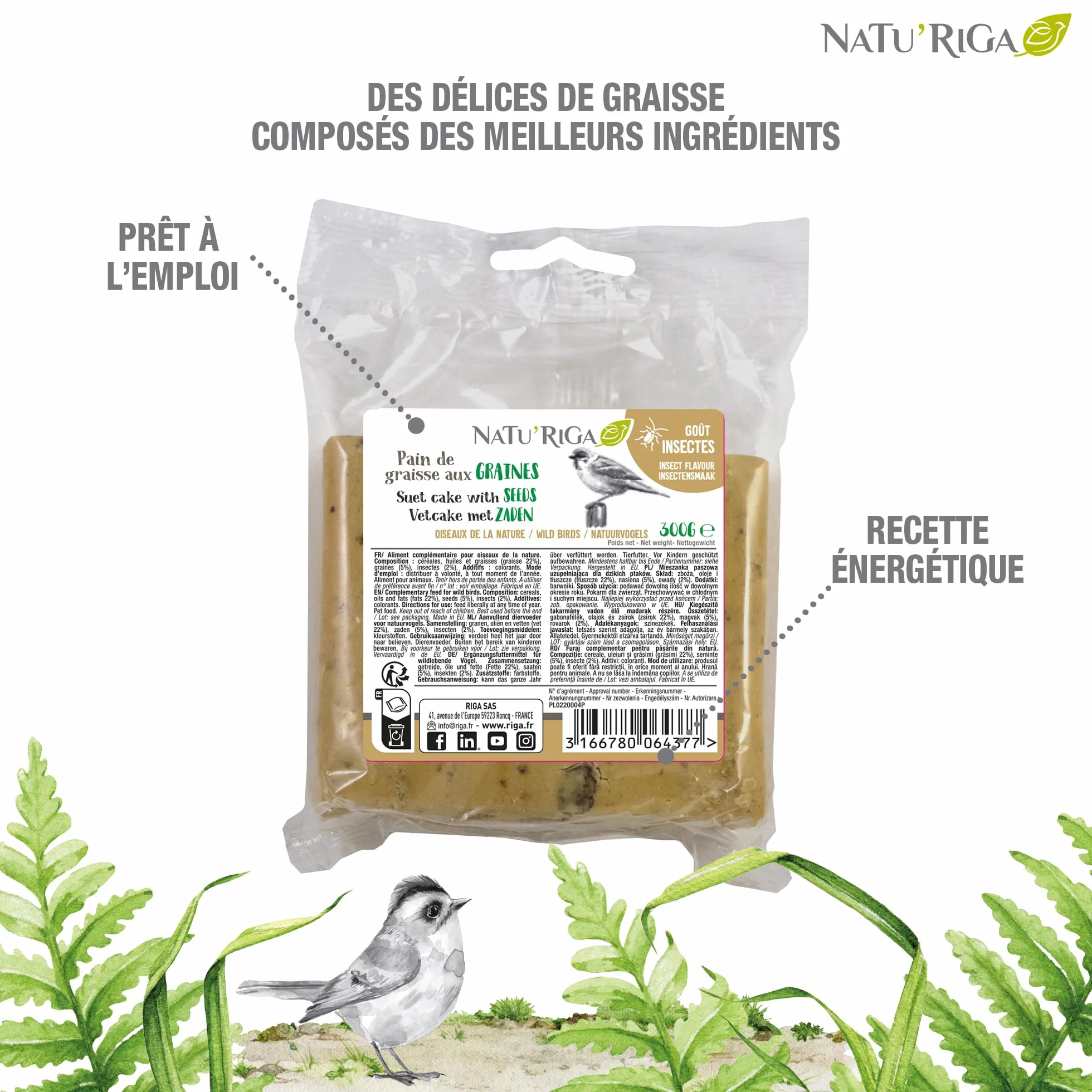 NATU'RIGA Pain De Graisse Aux Graines Et Insectes Nourriture Oiseaux Extérieur 300G