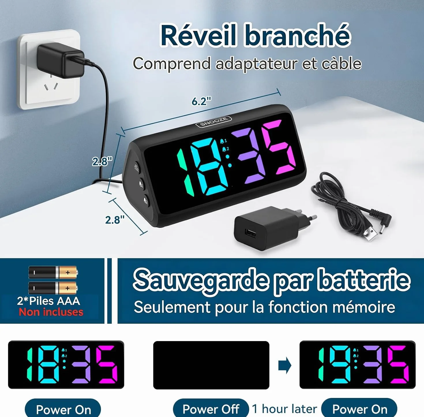 Netzu Réveil Forte pour Les Dormeurs Profonds, réveil RGB pour la Chambre, Réveil Numérique Enfichable avec 5 Niveaux de Luminosité, 4 Niveaux de Volume (Noir)