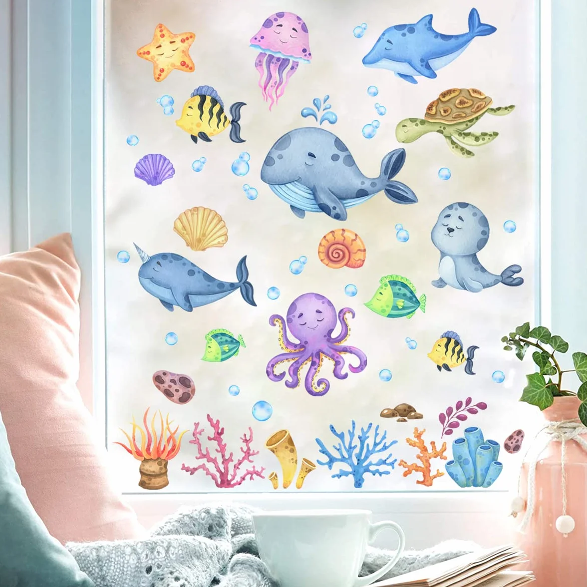 Stickers fenêtre enfant MONDE SOUSMARIN imperméable 59 pièces animaux marins poissons mer océan autocollant salle de bain