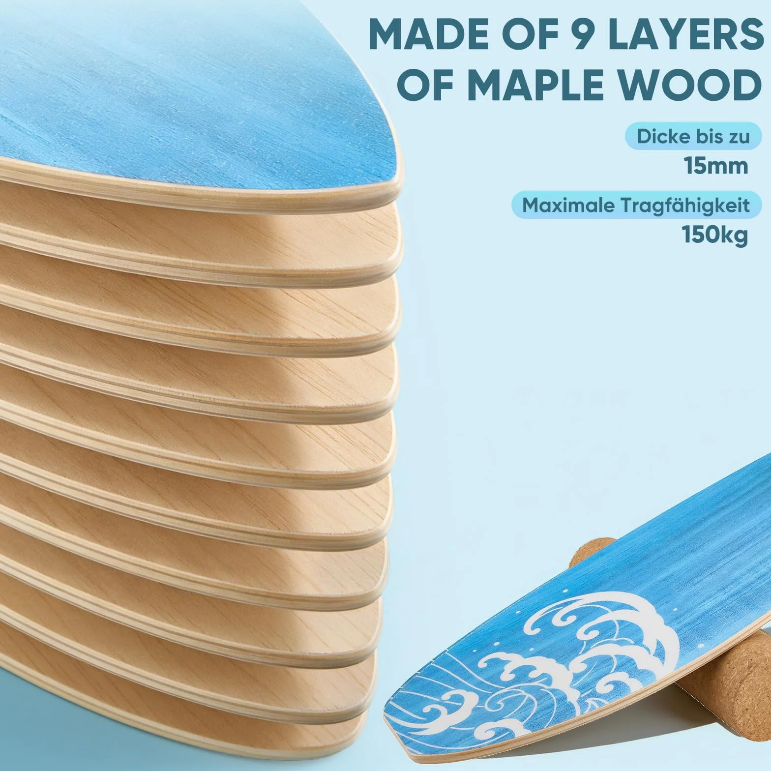 Planche d'Équilibre en en Bois Massif, Balance Board Surf avec Rouleau, Planche de Surf d’Intérieur pour le Surf, Fitness, Proprioception à la Maison