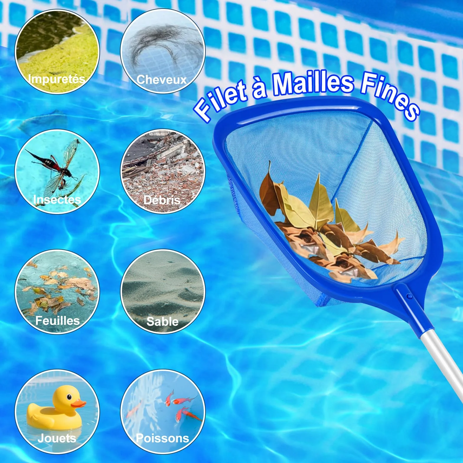 KGC Épuisette de Piscine avec Manche 81-173 cm Mailles Ultra-Fines pour Piscines Bassins Spas