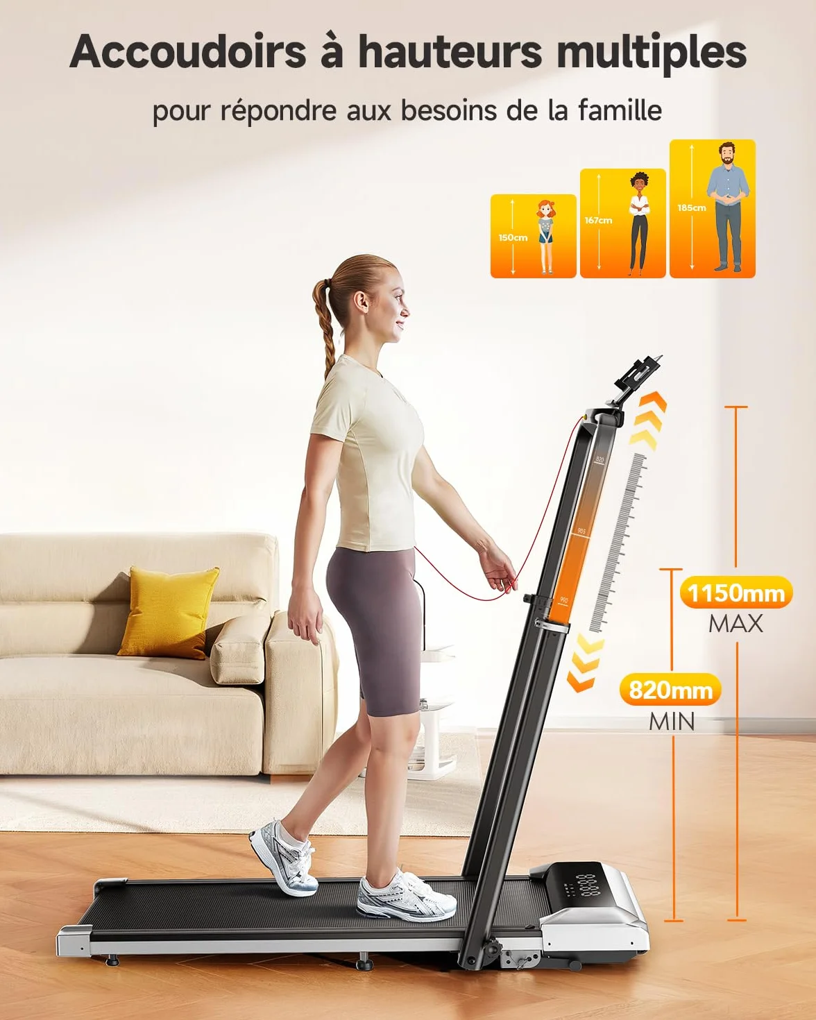 Tapis de Course 6 en 1, Pente 1%-6%-12%, Vitesse 12km/h, Hauteur de la Colonne Montante télescopique 115CM, Angle de la Colonne Montante 95°-105°, 2.5 HP, Compact et Portable，Adapté aux familles