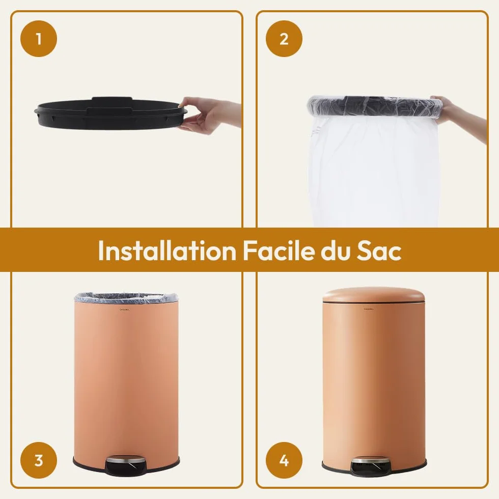 Poubelle Cuisine 30 L Acier Inox Anti-Traces avec Pédale Ronde Terracotta