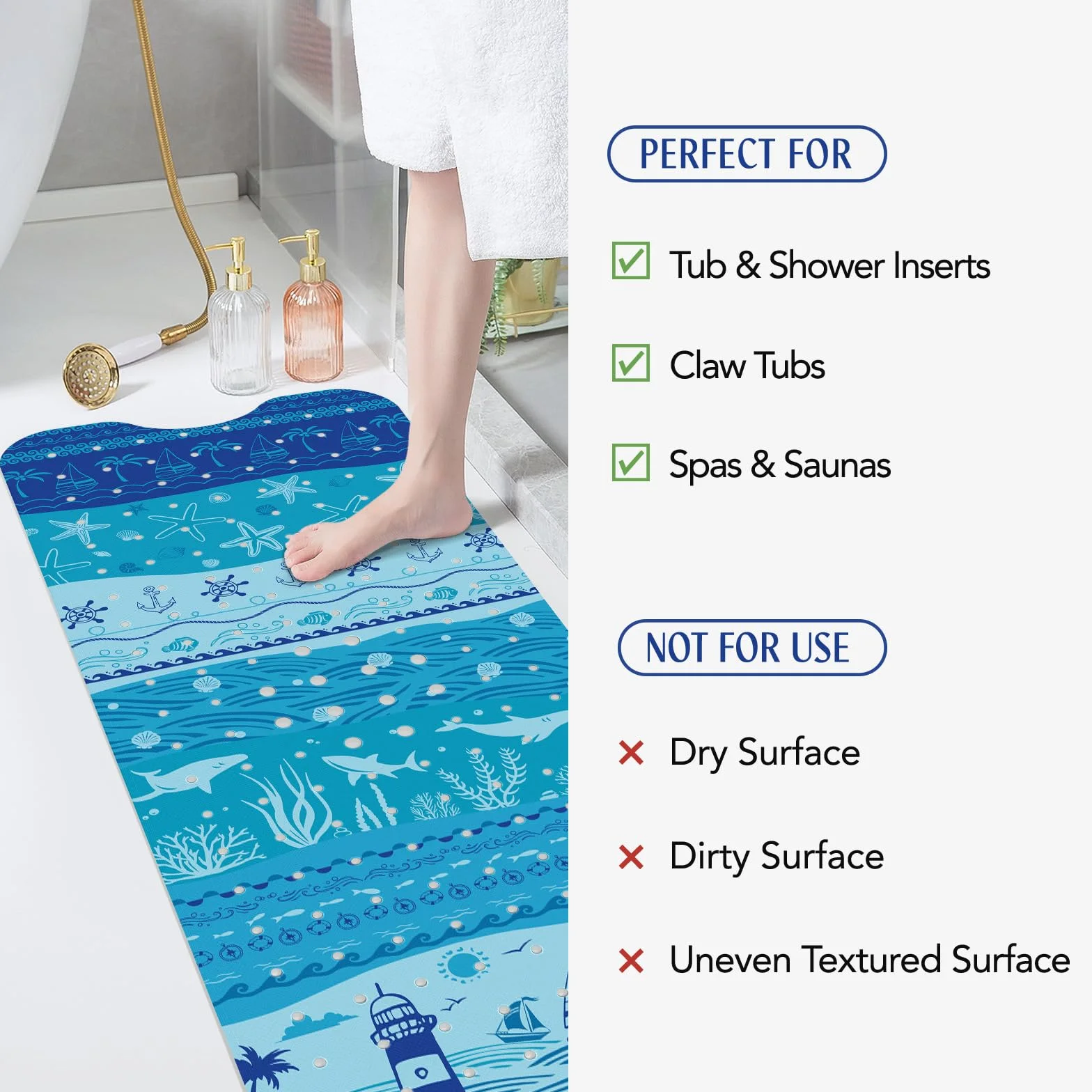 Tapis de Bain Antidérapant Océan Méditerranéen 100 x 40 cm, Lavable en Machine, Résistant à la Moisissure