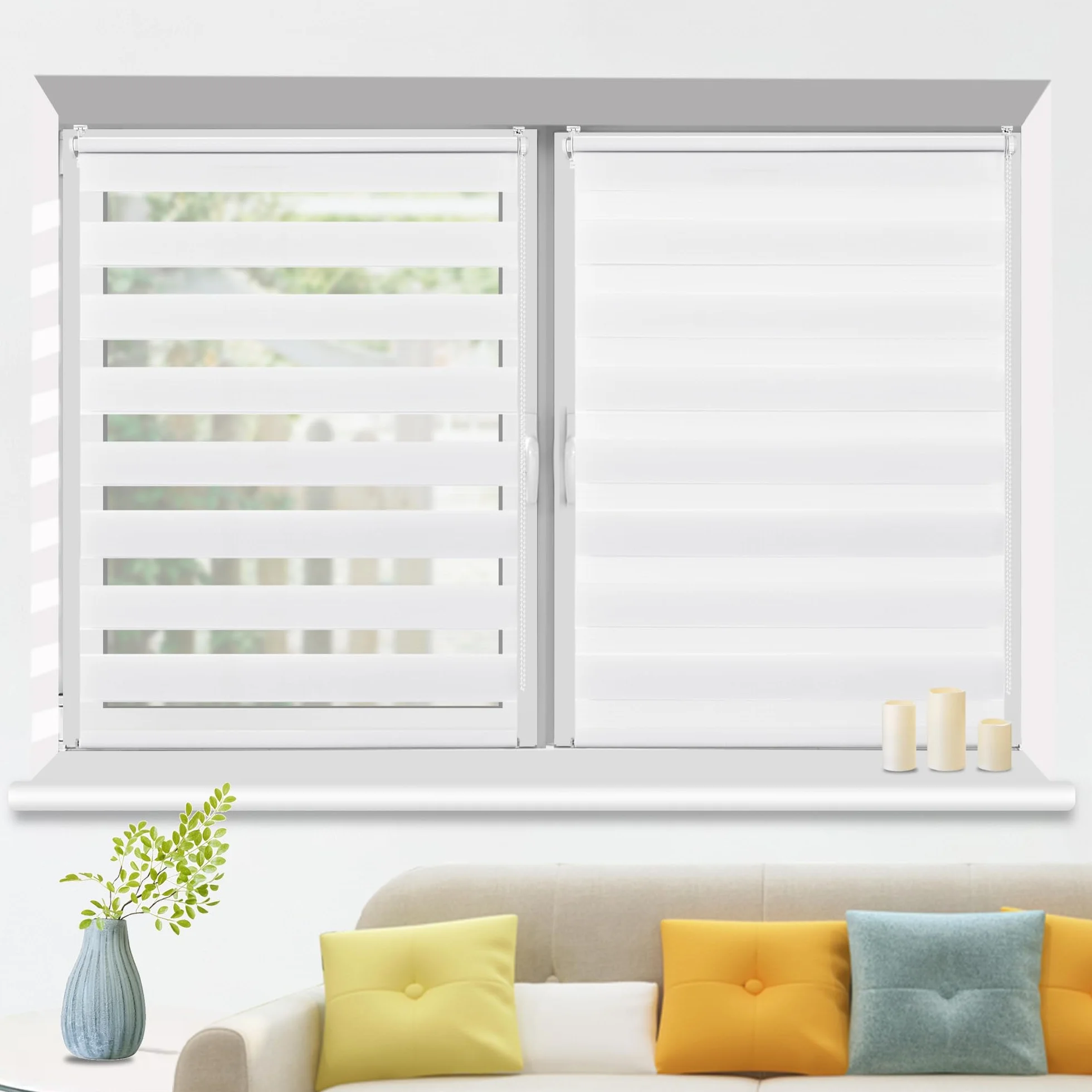 Enrouleur Jour Nuit sans Perçage Double Tissu Rideau Occultant 40x150 cm Blanc