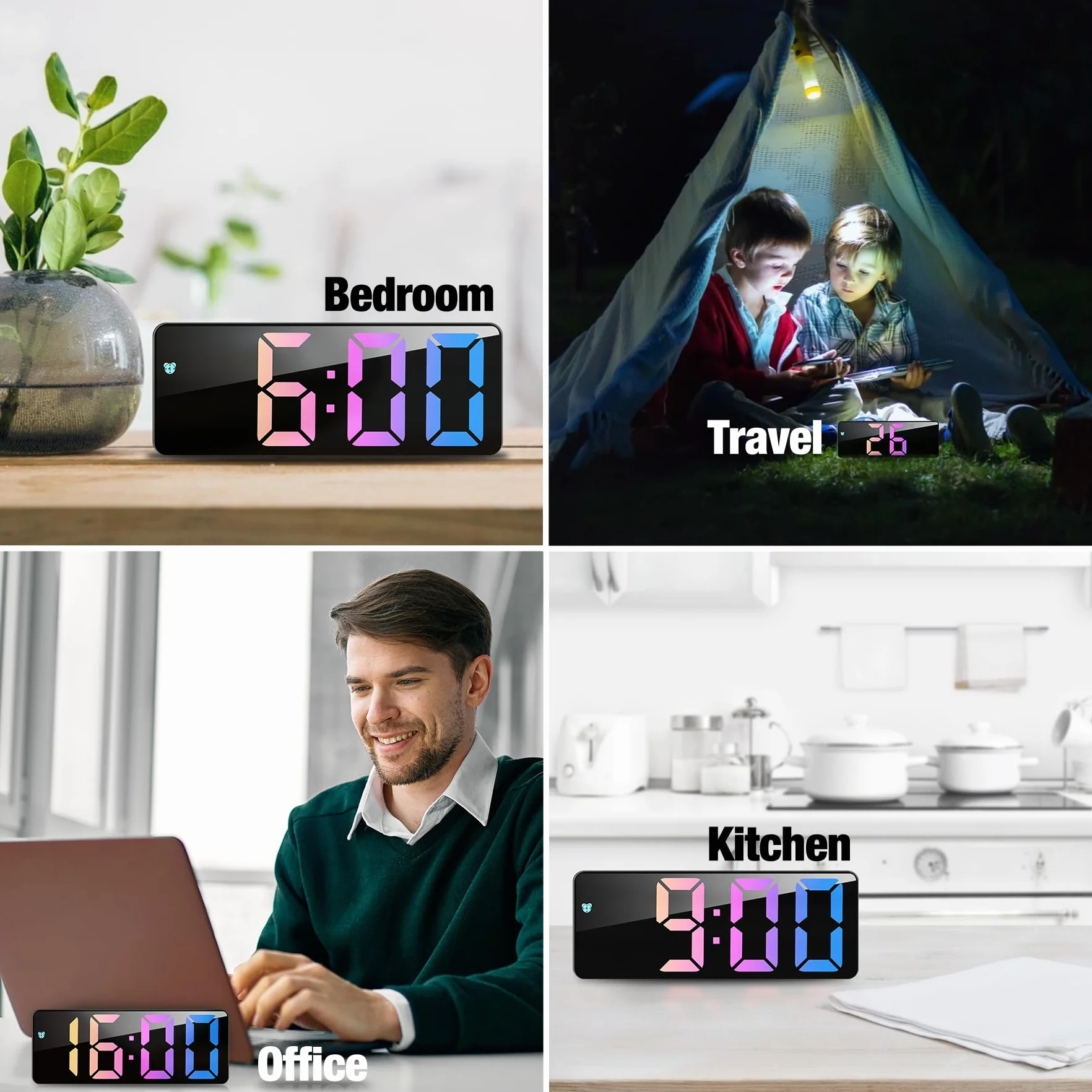 JQGO Réveil Numérique LED 6,7" Horloge Digitale avec Activation Vocale, Snooze, Température, Luminosité Réglable