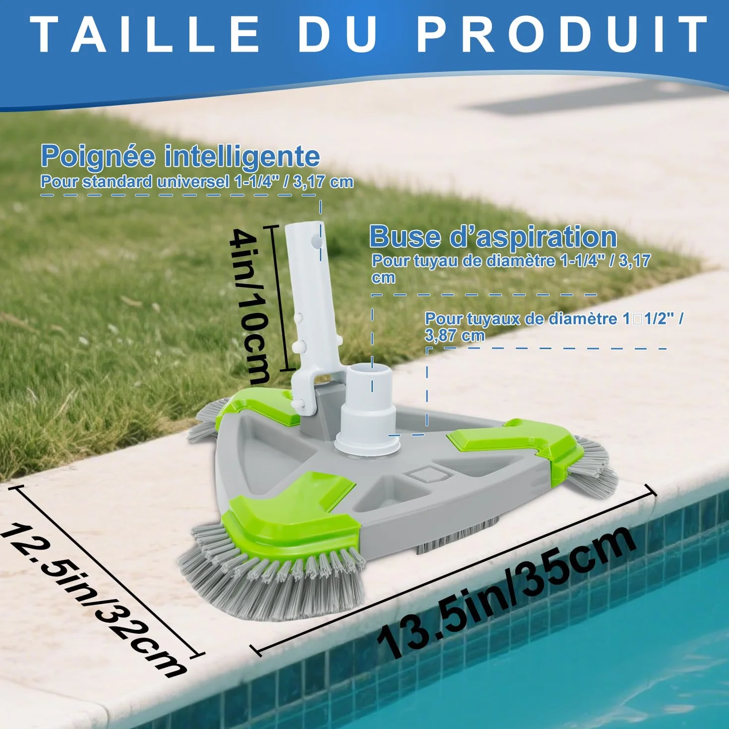 Brosse Piscine Triangle 35cm Raccord Aspiration 32/38mm pour Piscine Hors Sol & Enterrée