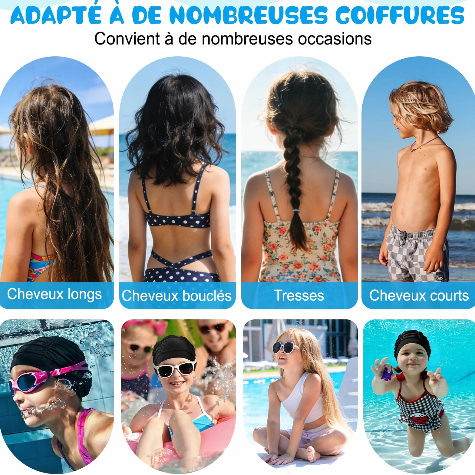 Kiiwah 2 Pièces Bonnet de Bain Enfant, Bonnet de Piscine en Tissu Plissé Extensible pour Cheveux Longs et Courts