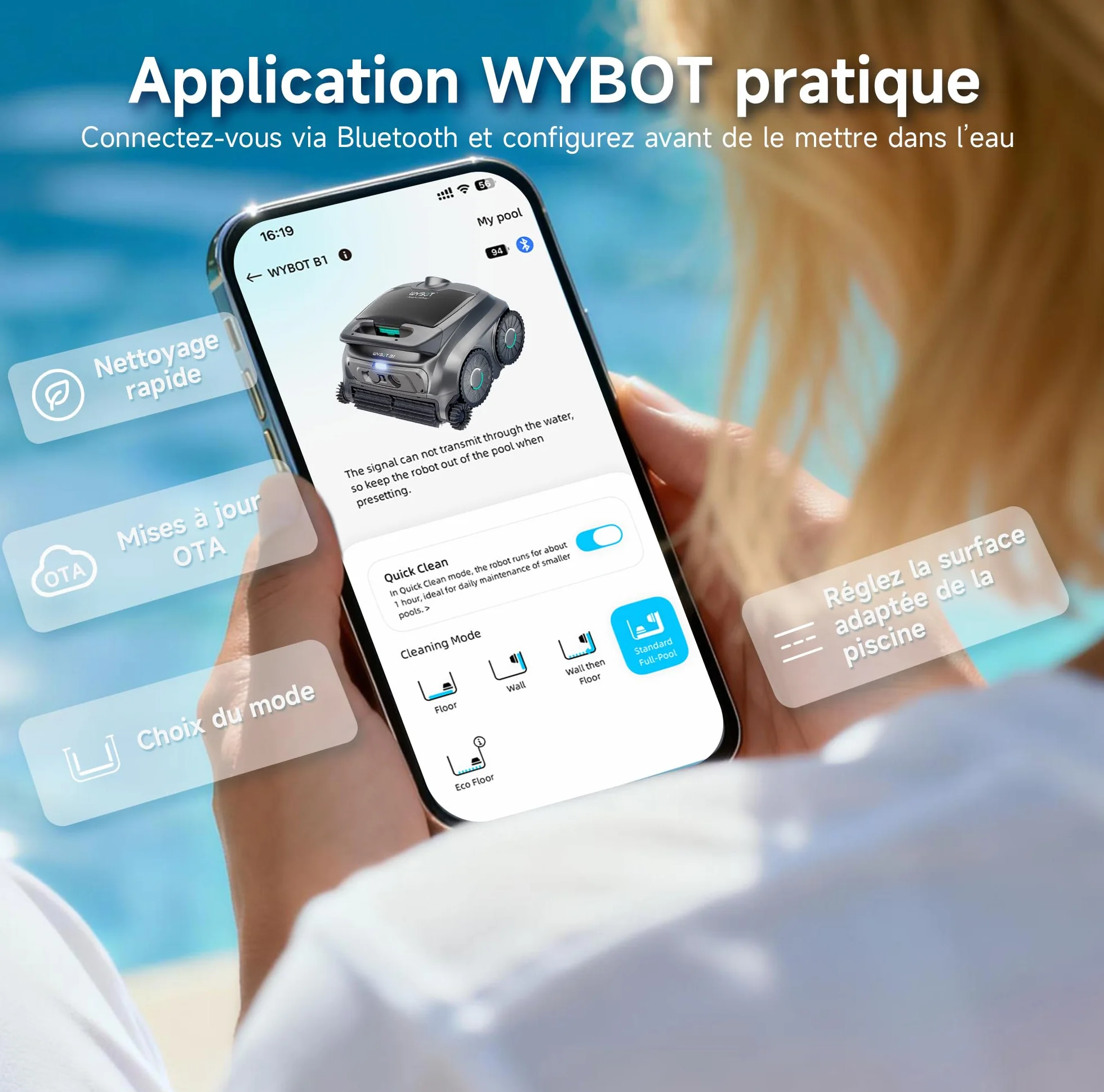 WYBOT B1 Robot de Piscine sans Fil, léger, intelligent, contrôle par Application, jusqu'à 100 Minutes, Gris/Vert