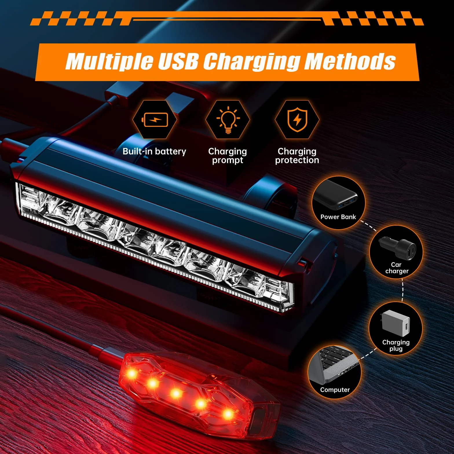 IPSXP Lumiere Velo à LED, Lumière Velo Avant et Arrière USB Rechargeable, Ultralégère en Aluminium Lampe Velo LED Puissantes, IPX5 Eclairage Velo, Bicycle Front and Rear Lights Accessoires Velo