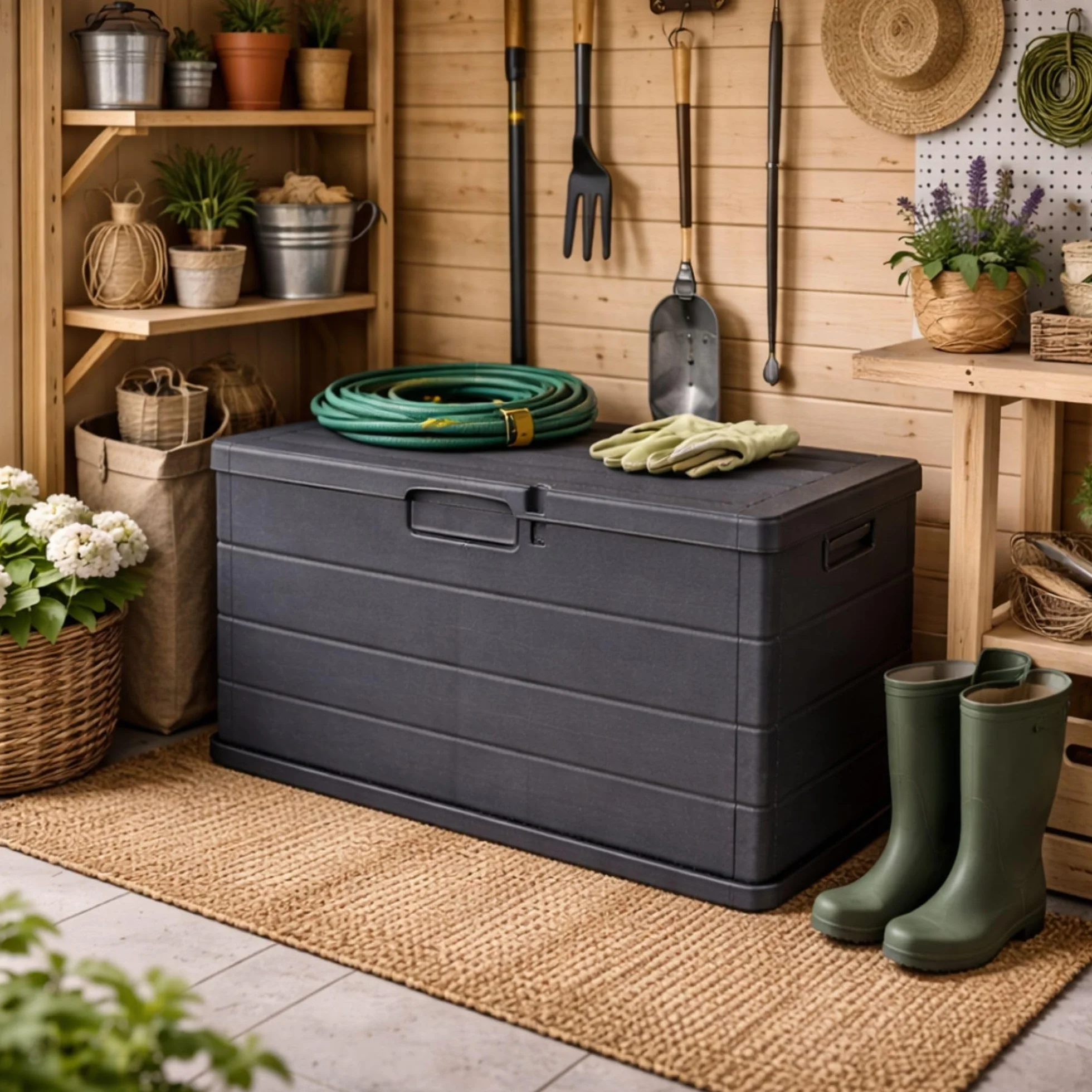 Maury's Coffre Cassapanca 170 Litres Effet Bois, Conteneur de Stockage en Résine Anthracite 78x55x52 cm