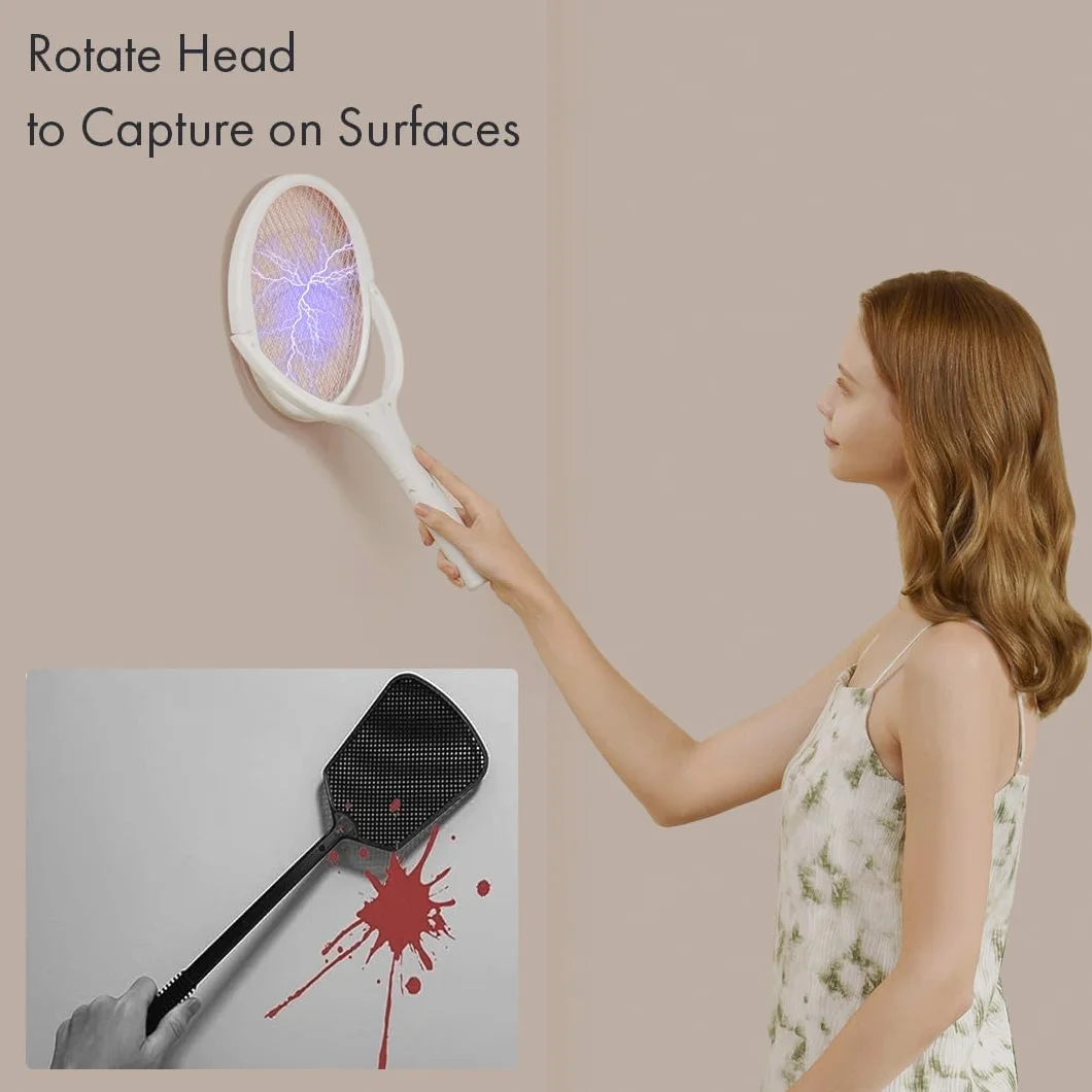 GeckoMan Raquette Électrique Anti Moustique Rechargeable avec Tête Rotative et Extension Télescopique