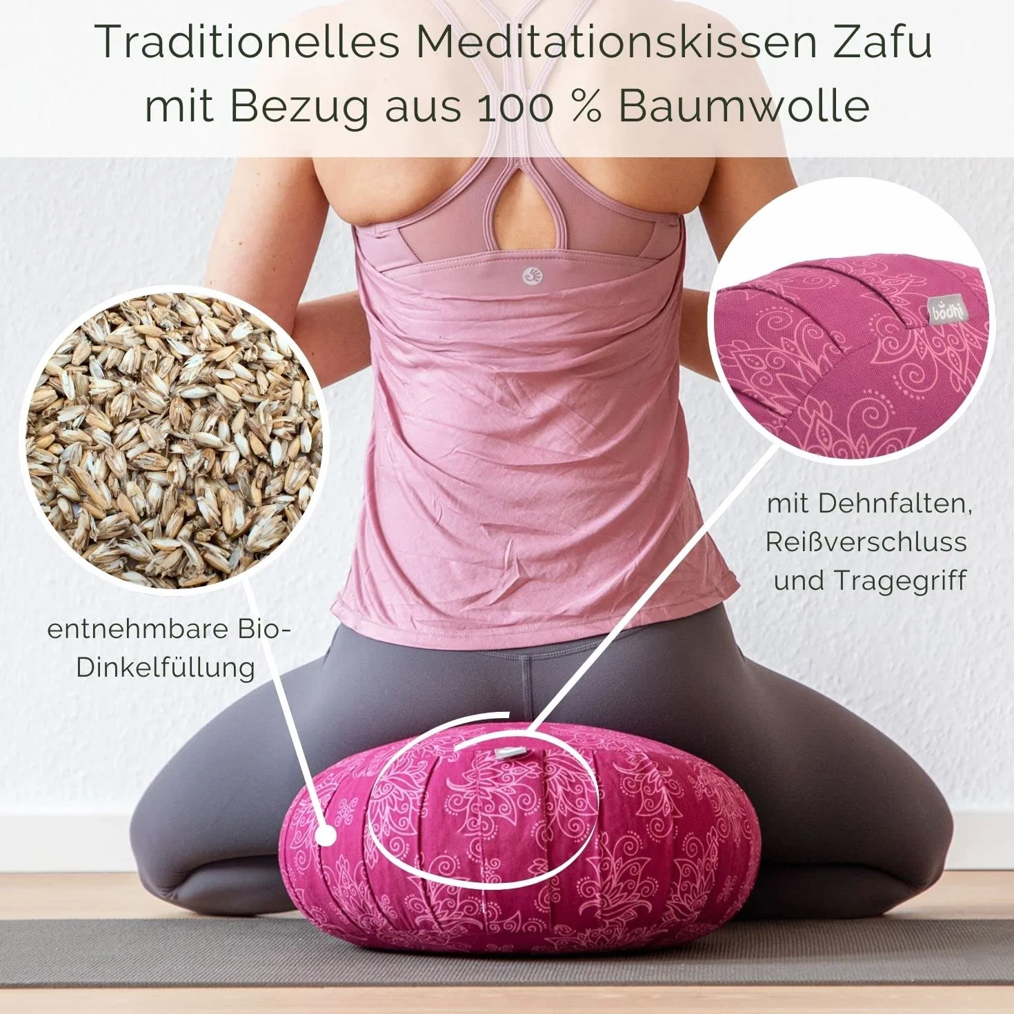 Bodhi Coussin de méditation ZAFU | Plis Extensibles et poignée de Transport Pratique | Housse en 100% Coton | Remplissage épeautre Bio | Hauteur 19cm | Collection Maharaja (Lotus Berry)
