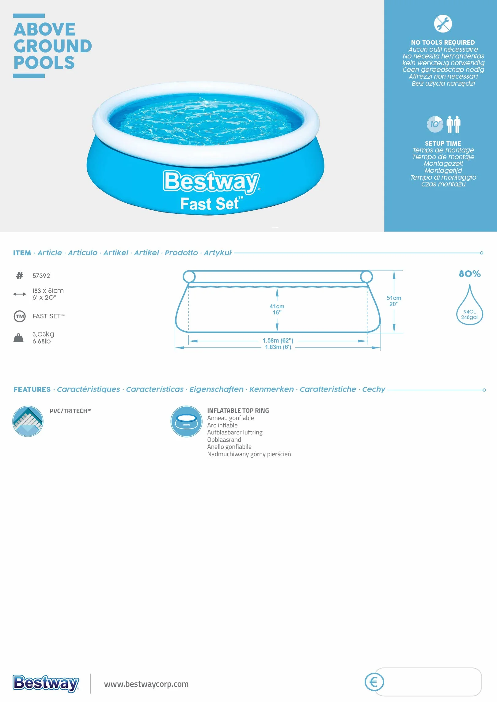 Bestway Fast Set™ Piscine Hors Sol Ronde 183 x 51 cm Bleu