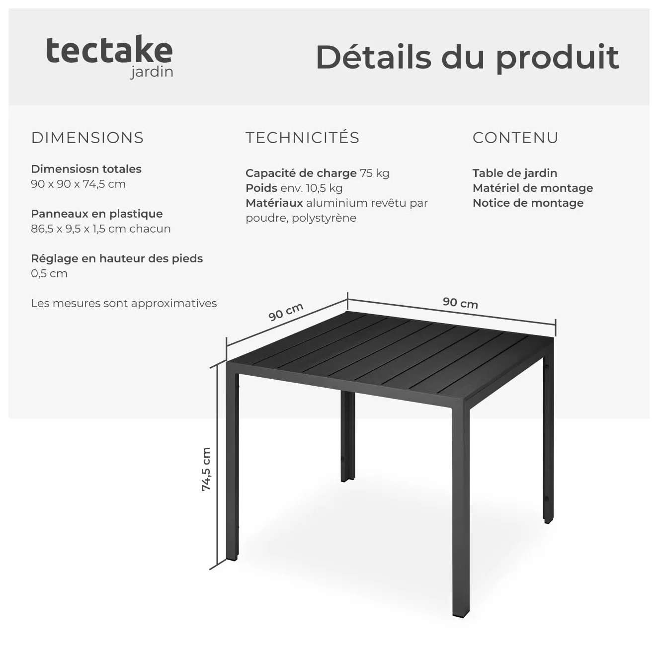 Table à Manger Extérieur en Aluminium Aspect Bois 90 x 90 x 74,5 cm pour Salon de Jardin