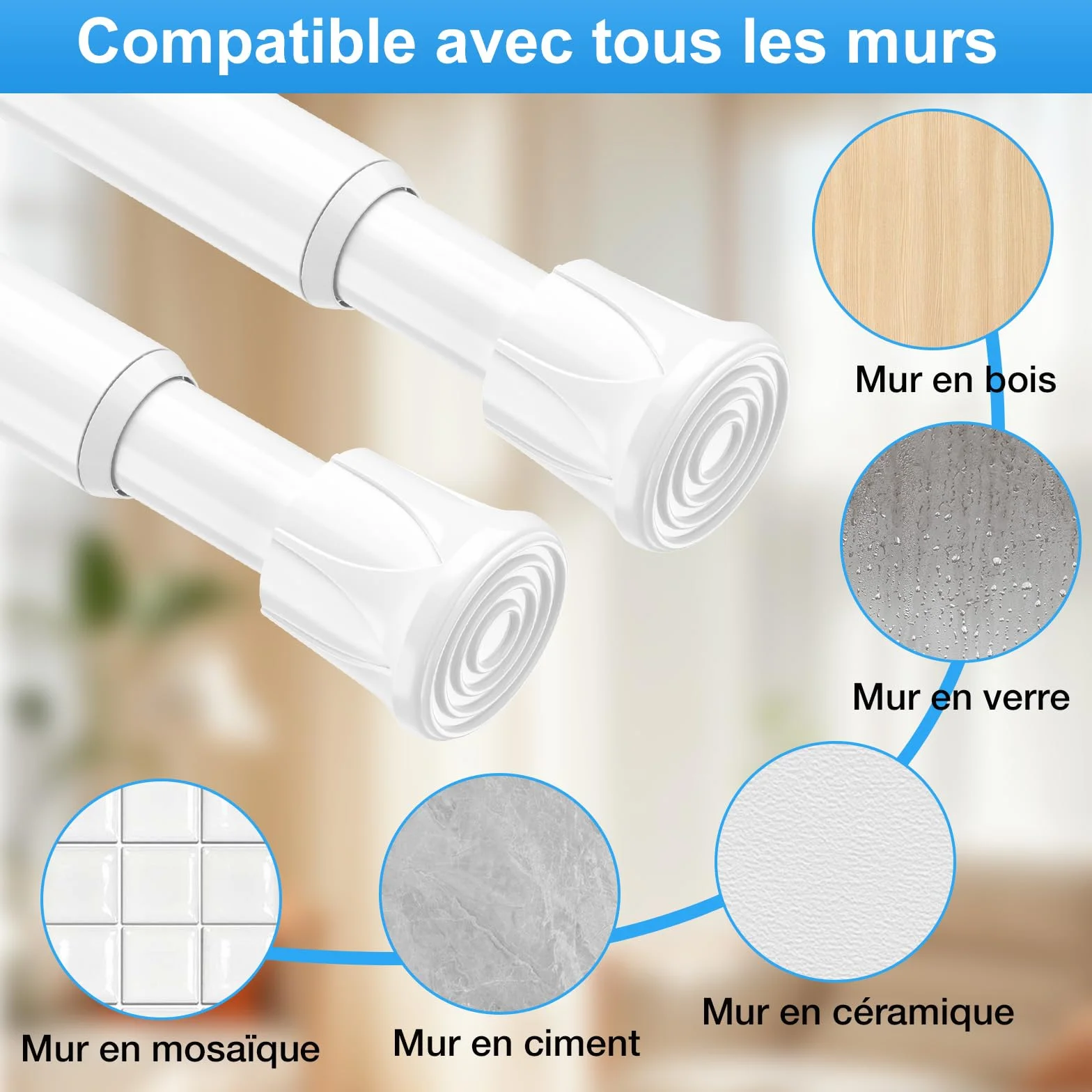 AIZESI Barre Rideau Extensible Sans Perçage Blanche 70-130 cm Diamètre 13 mm Charge Maximale 2 kg